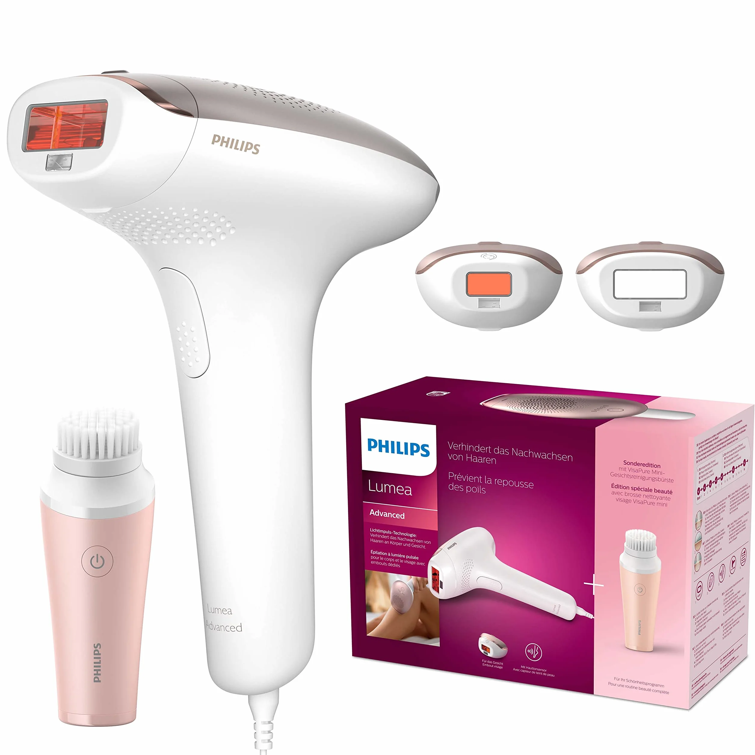 Philips Lumea Zaawansowane urządzenie do usuwania włosów IPL z 2 nasadkami do twarzy i ciała z mini szczoteczką do oczyszczania twarzy VisaPure - BRI922/00