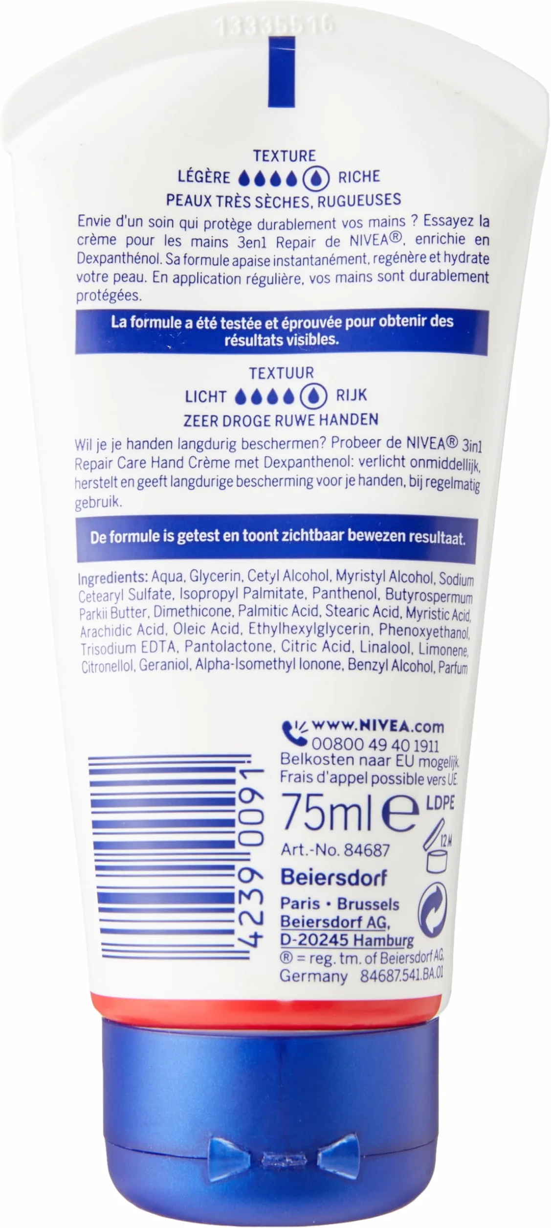 NIVEA 3 w 1 Repair Bardzo sucha i szorstka skóra (1 x 75 ml), nawilżająca pielęgnacja rąk Bogata i nietłusta formuła, regenerujący krem nawilżający z dekspantenolem