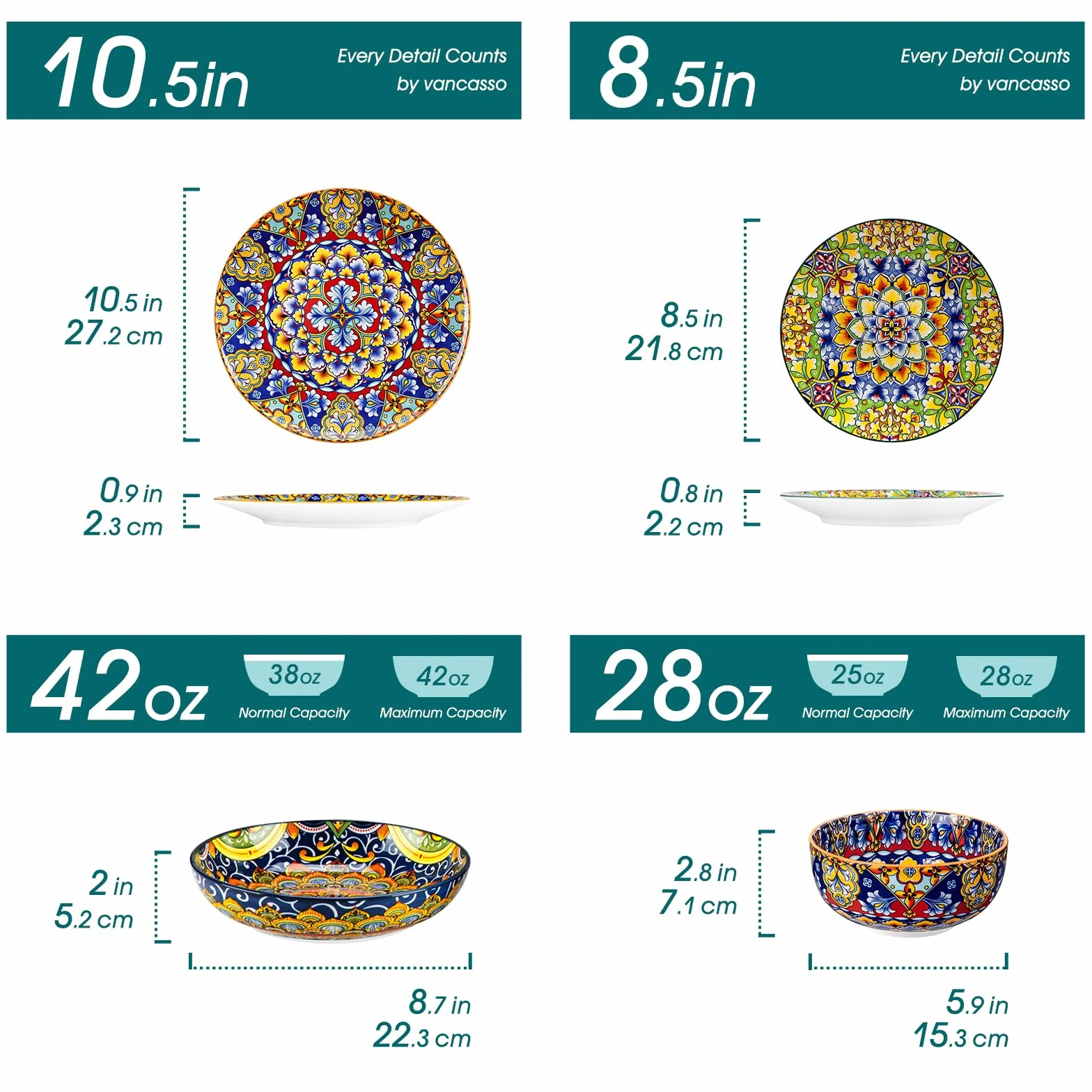 Vancasso SIMI Zestaw obiadowy 24 szt. porcelanowe talerze miski boho odporny na zarysowania mycie w zmywarce