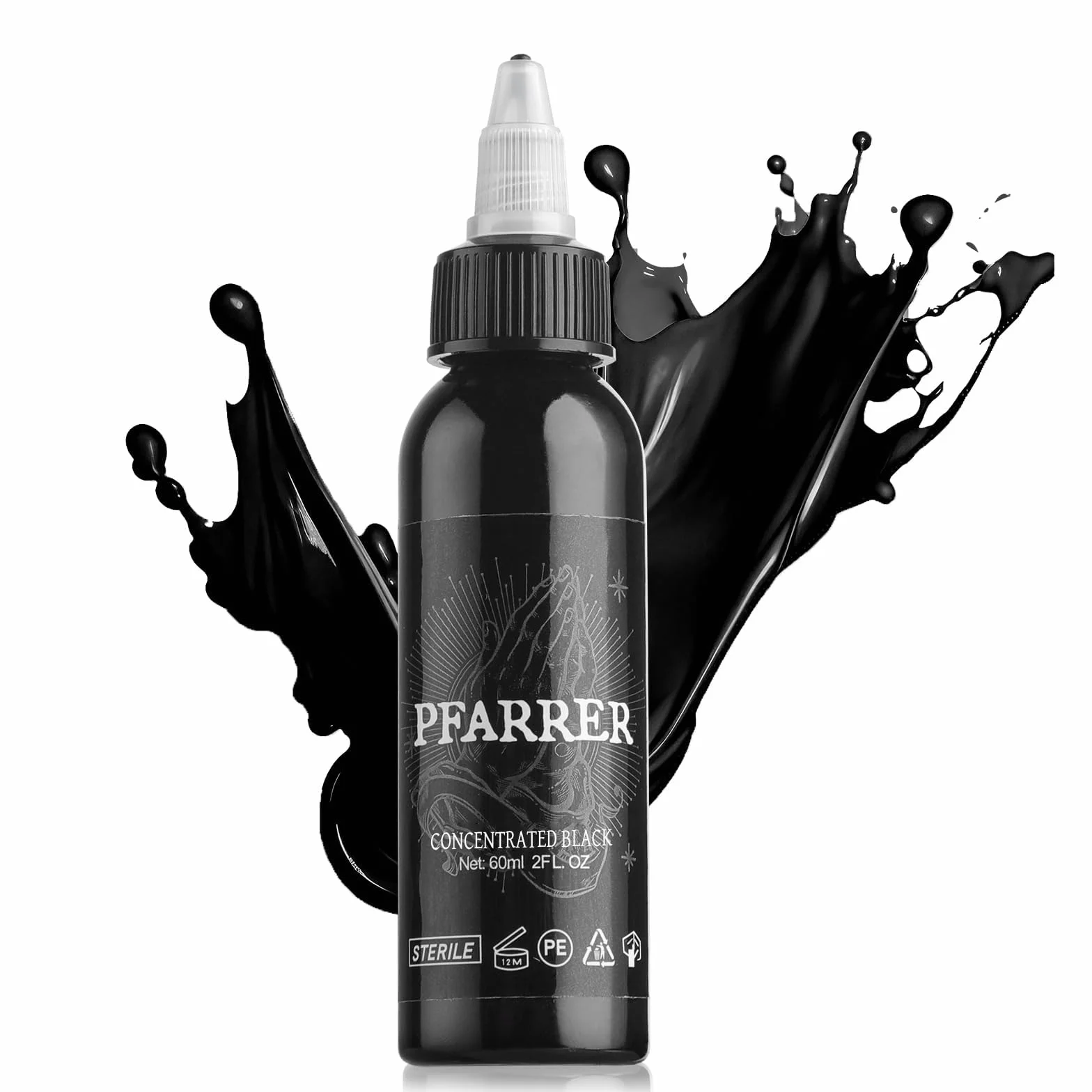 PFARRER Czarny tusz do tatuażu 60ml (2oz) Przyjazny dla wegan, standard USA, koncentrat tuszu do tatuażu TI7003-60-002