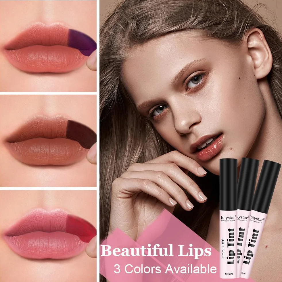 LOPHE Lip Tint Peel Off, zestaw 3 kolorów do ust, dla kobiet Odcień do ust, wodoodporny, matowy wykończony szminką, długotrwały błyszczyk, wymienny błyszczyk do ust (zestaw A)