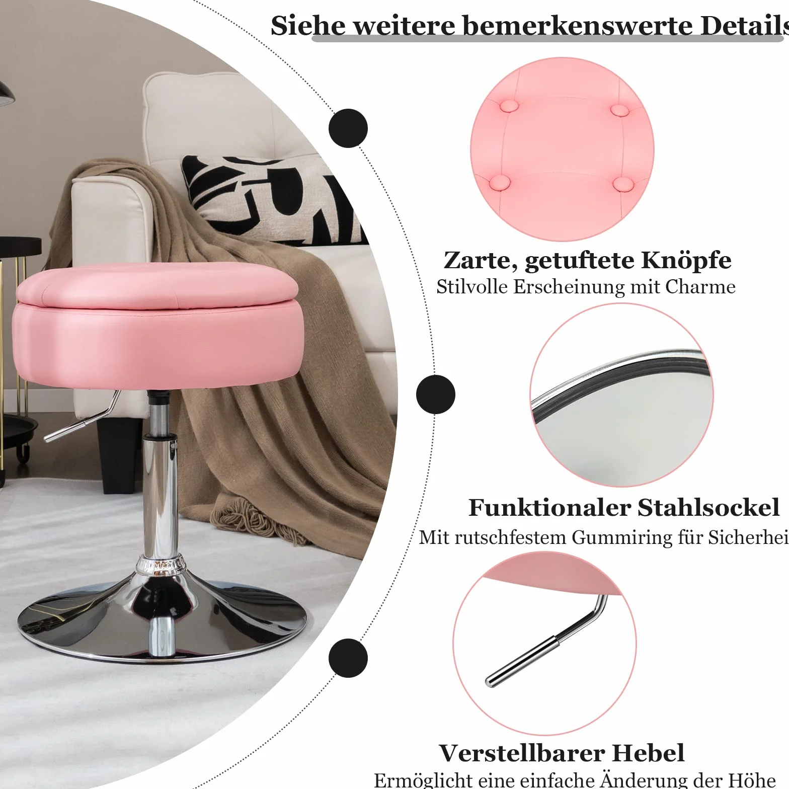 COSTWAY Taboret do Makijażu Obracany 360°, Toaletki z Miejscem do Przechowywania, Wysokość Siedziska 51-66 cm, Tapicerowany, Różowy