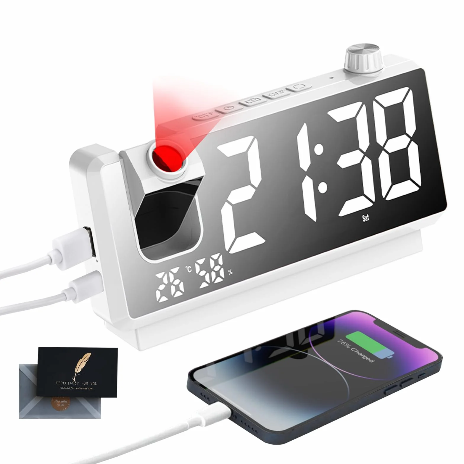 Budzik Cyfrowy z Projekcją LED 3 Poziomy Jasności USB 180° Temperatura Wilgotność 12/24H Biały