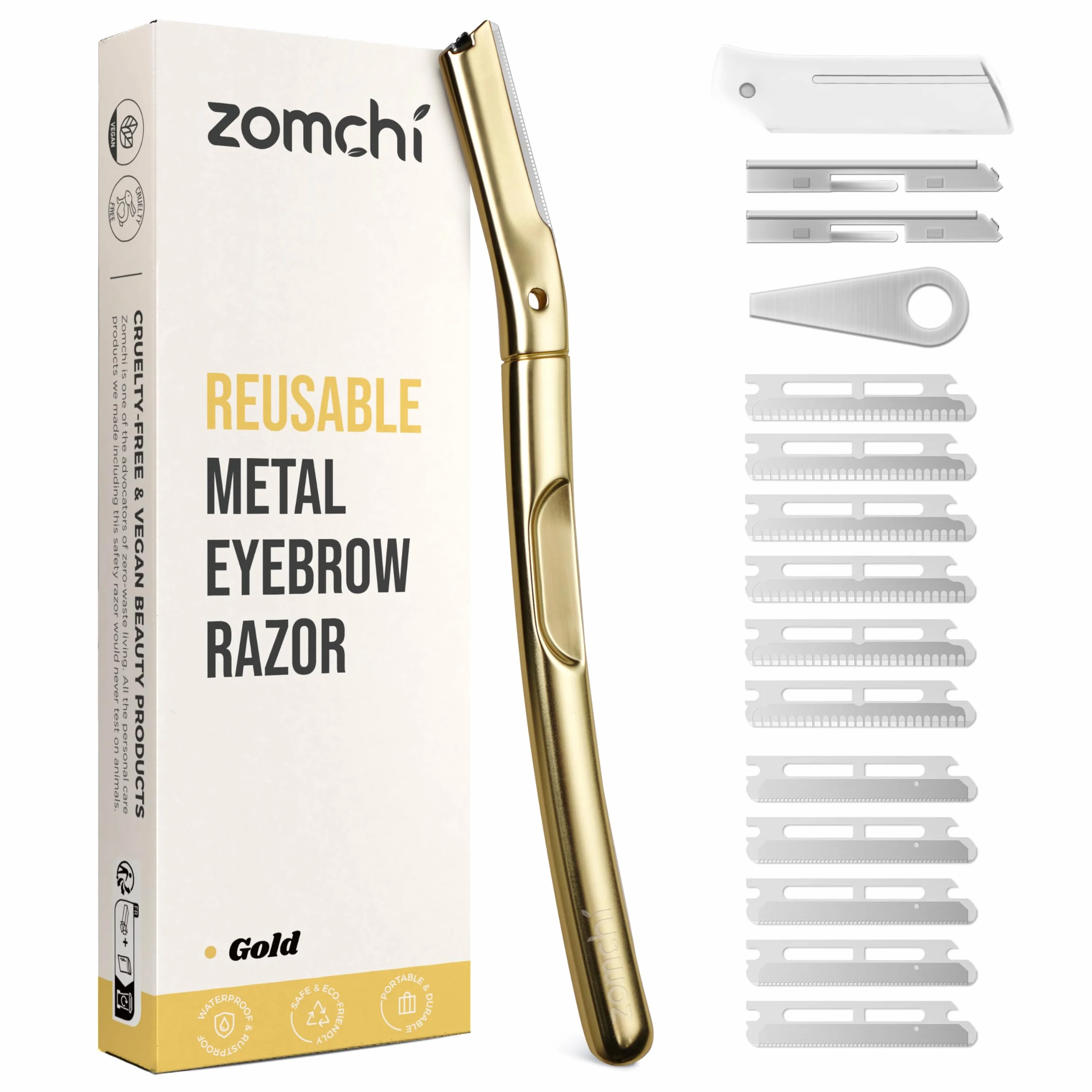 ZOMCHI Dermaplane maszynka do golenia z 11 ostrzami dla kobiet i mężczyzn, trymer do brwi z ochronną silikonową nasadką, maszynka do golenia brwi, golarka do twarzy, do depilacji - matowe złoto