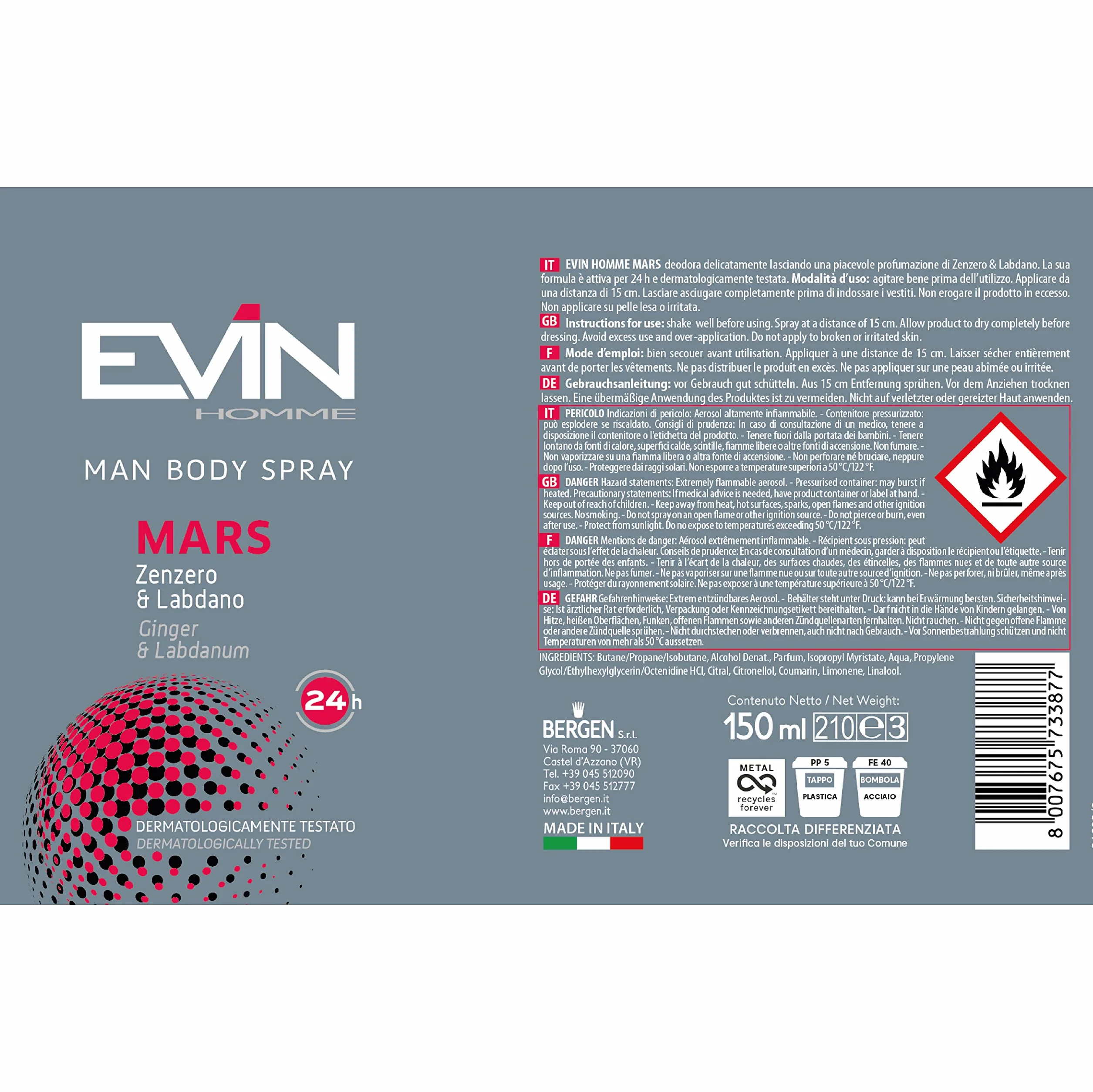 EVIN HOMME | 24 Dezodoranty Męskie Spray, Imbir i Labdano, Trwałość 24h, 150 ml