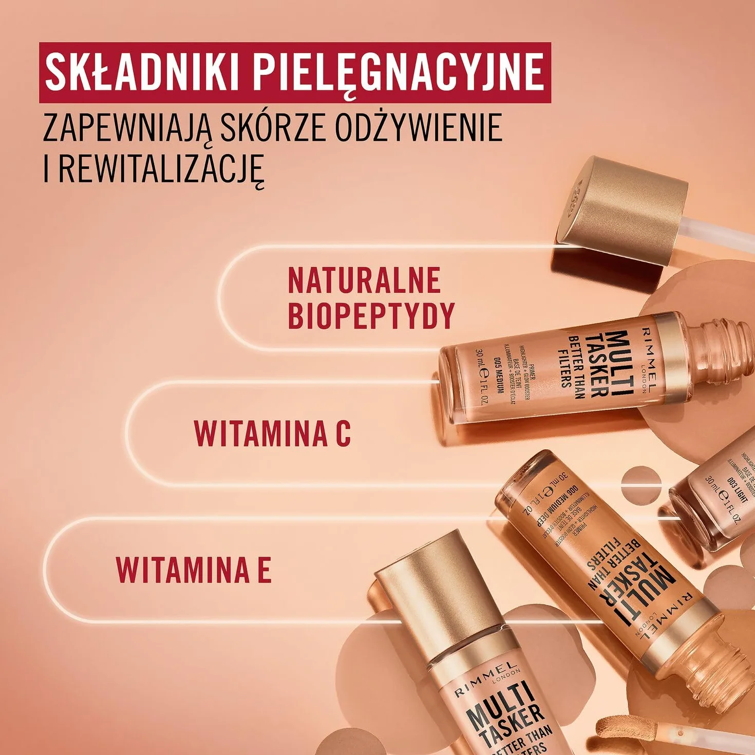 Rimmel Multi Tasker Better Than Filters primer, glowbooster, rozświetlacz 3 w 1, nr 003 Light, 30 ml