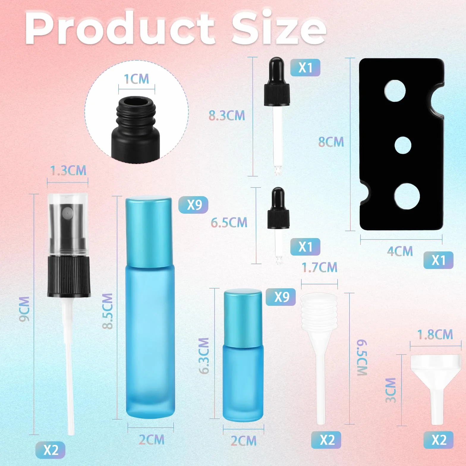 Zikenis 18 szklanych butelek w rolce, w szklanych butelkach 10 ml, 5 ml, z rolką ze stali nierdzewnej, otwieracz do butelek z kroplomierzem, do olejków eterycznych o zapachu do masażu