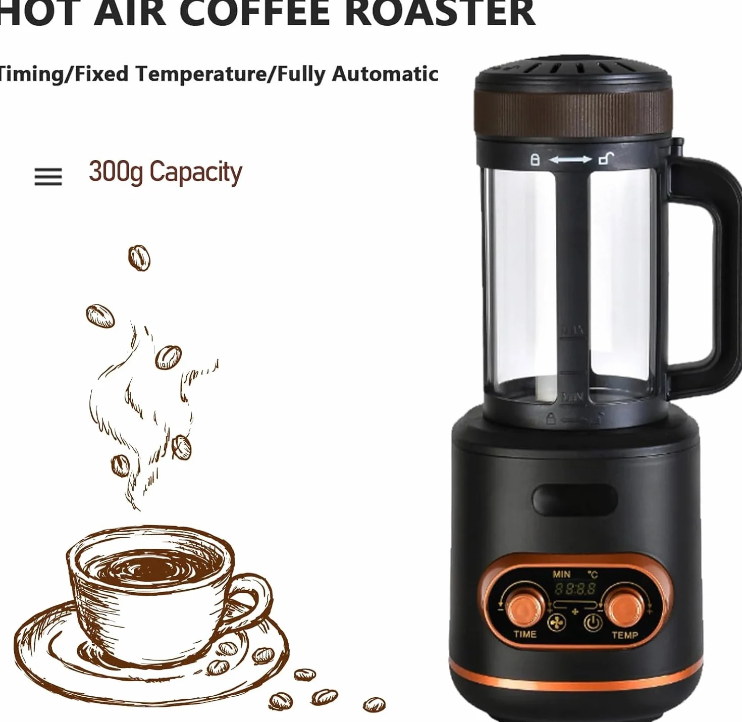 Elektryczna palarnia kawy 2400 W z regulowanym czasem i temperaturą, 300 g, zestaw do palenia dla Cafe