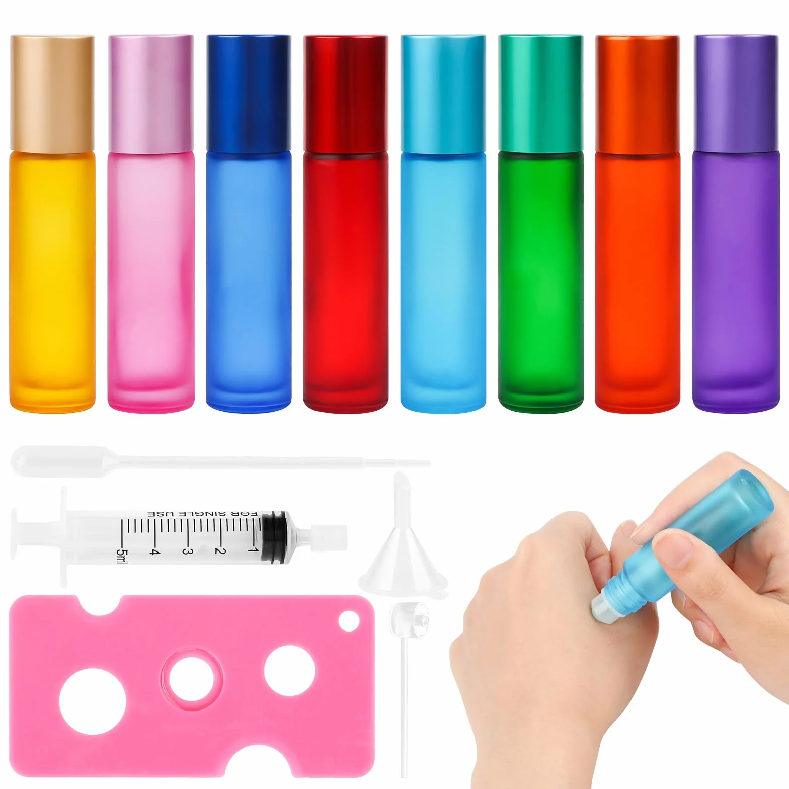 Roll on butelka pusta 10 ml, 8 sztuk szklanych butelek na olejki eteryczne, z lejkiem i kroplomierzem, otwieraczem, do perfum, kosmetyków, aromaterapii