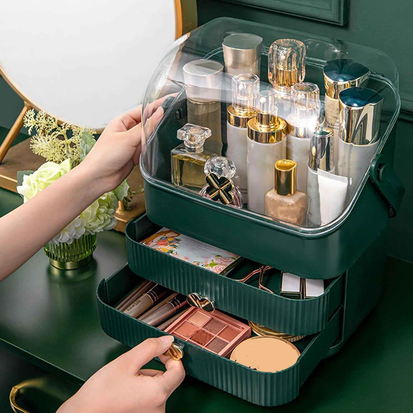 Organizery Do Makijażu Na Blat Pojemnik Na Perfumy I Pędzle | Wodoodporny Pyłoszczelny Organizer Kosmetyczny Na Blat Z Przezroczystą Pokrywą Do Łazienki, Kuchni, Toaletki, Biura,