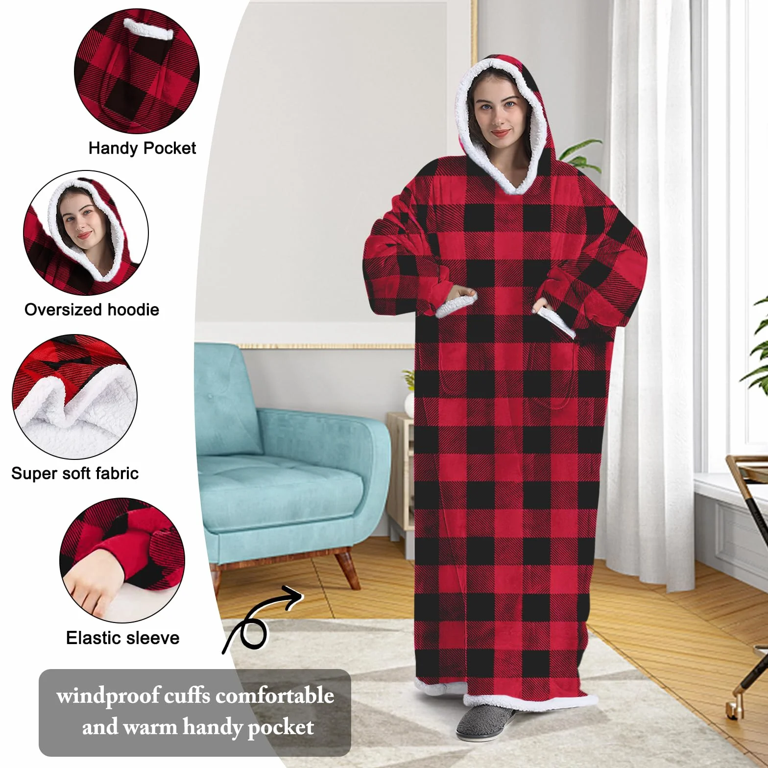 Sherpa bluza z kapturem oversize, miękka, ciepła, koc z rękawami