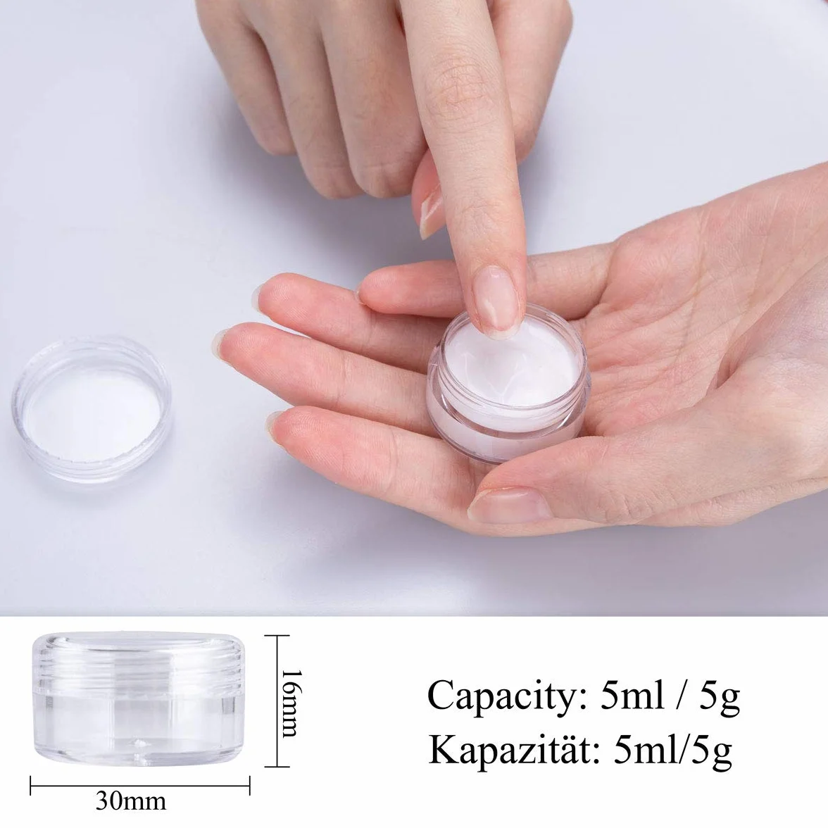 Pojemniki na kosmetyki słoiki plastikowe podróżne doniczki na próbki z mini szpatułką i naklejkami z etykietami, 30 szt. (5 g/5 ml, przezroczyste)