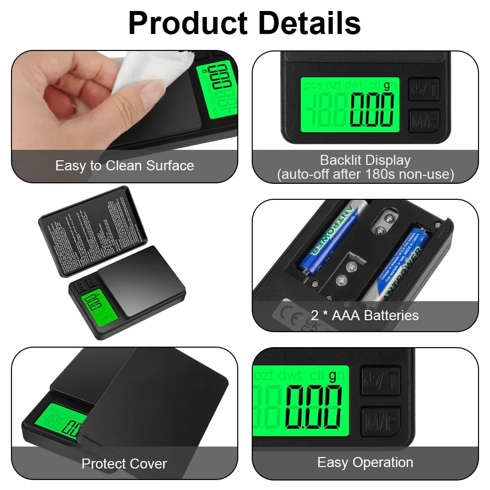 HOTUT Cyfrowa waga kieszonkowa 500g/0,01g precyzyjna LCD
