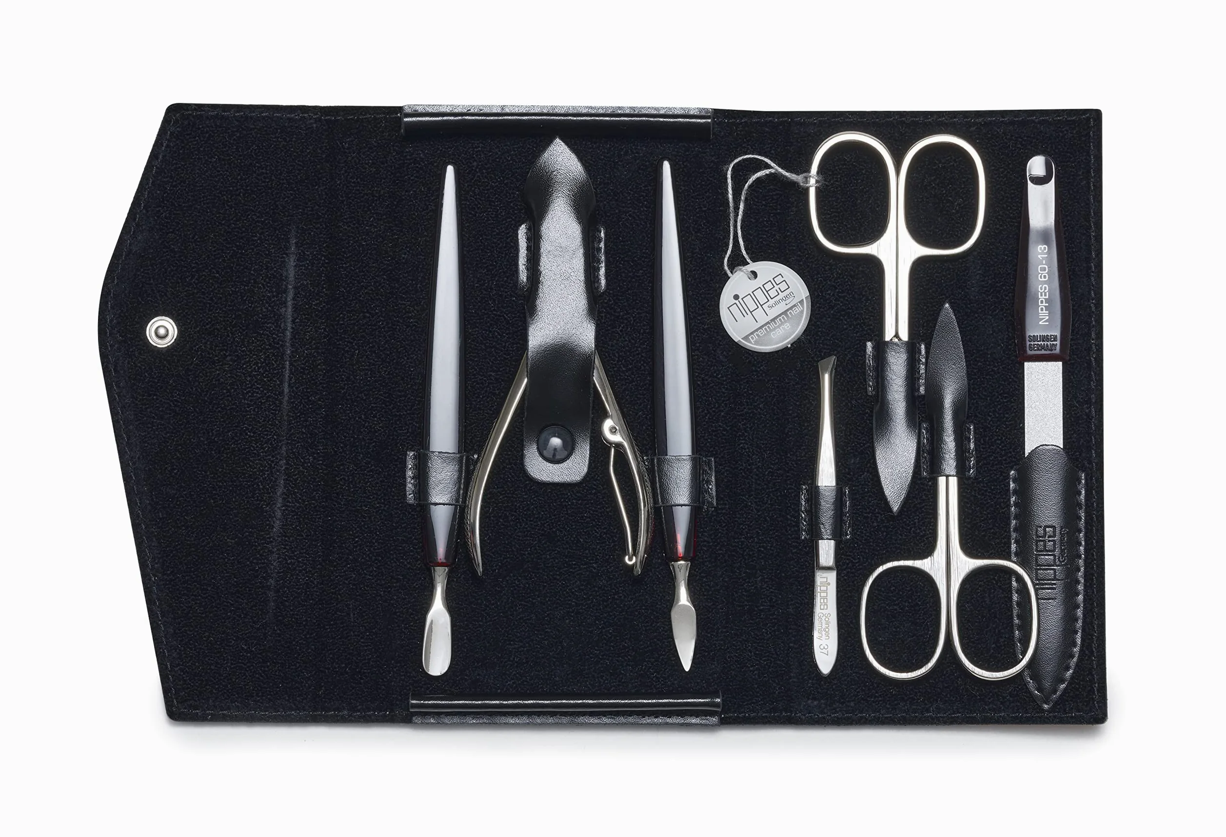 nippes Solingen Premium Line zestaw do manicure Seam, 7-częściowy, stal nierdzewna, niklowana i nierdzewna, czarne etui na paznokcie ze skóry bydlęcej z kontrastowymi paskami, zestaw do pielęgnacji