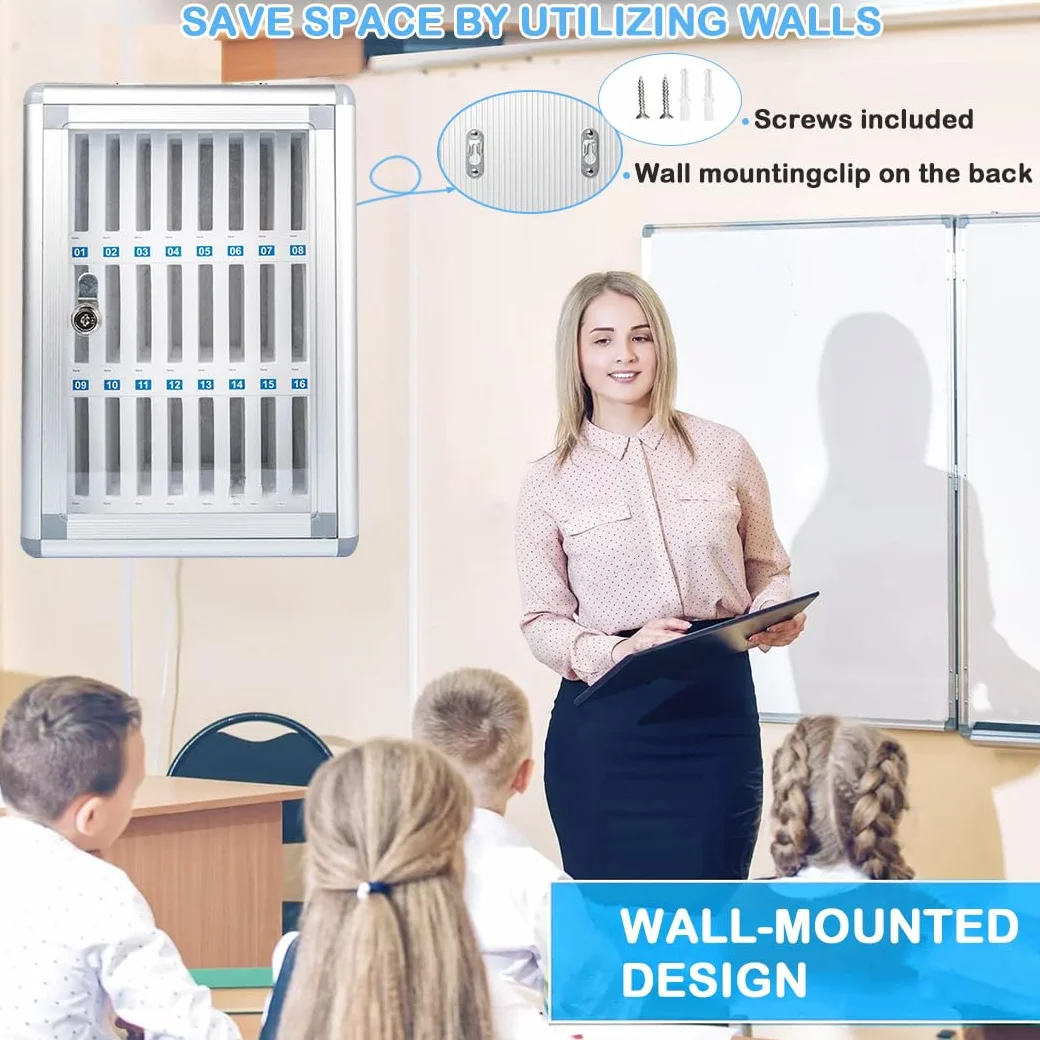 Szafka na Telefony Komórkowe z Aluminium, Montowana na Ścianie, Szafka na Telefony do Klasy, Szkoły, Biura, Egzaminu, Biblioteki, Siłowni z Uchwytami i Zamkiem Bezpieczeństwa (Srebrny, 24 slotów)