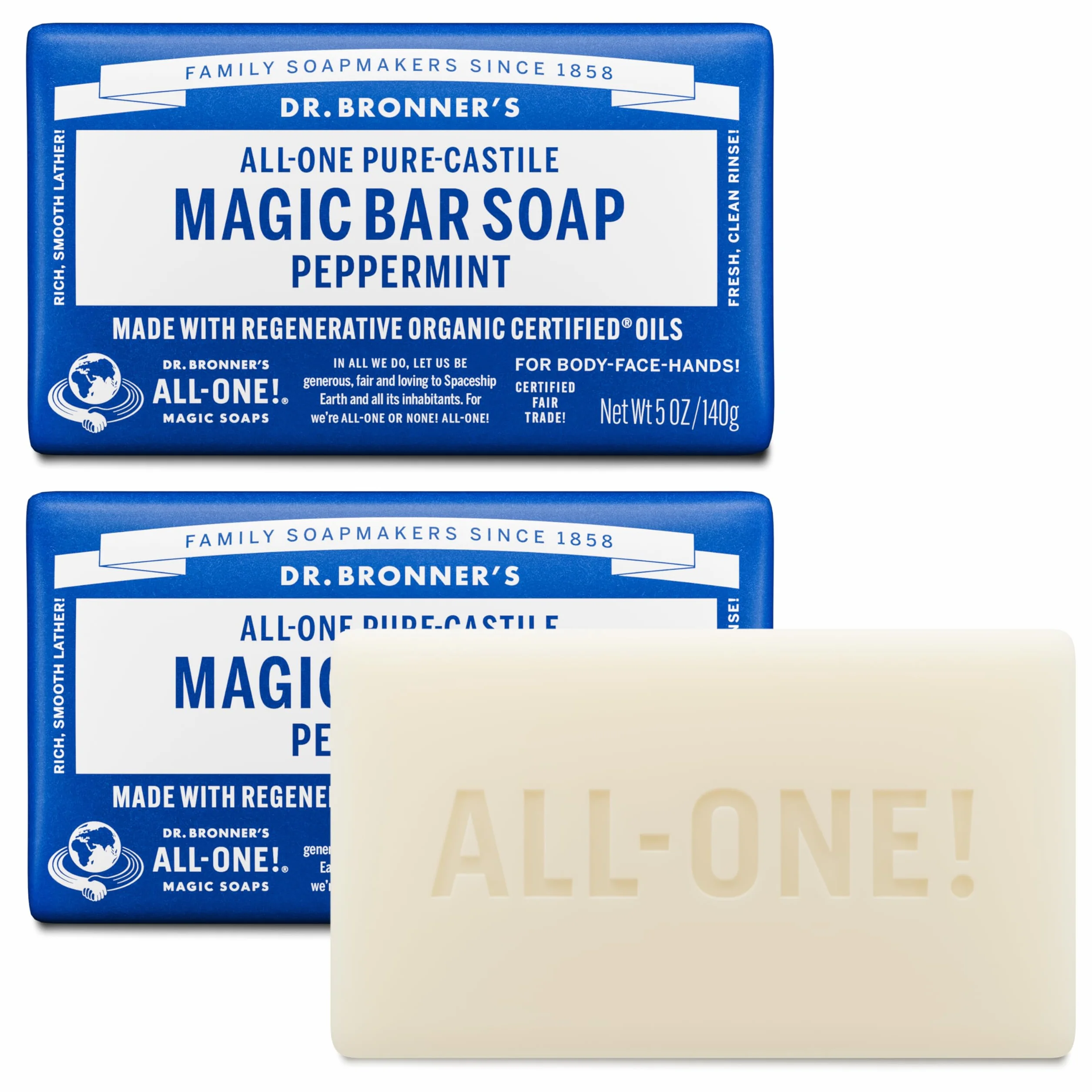 Dr. Bronner's Ekologiczne mydło w kostce z mięty pieprzowej, czyste, 2 sztuki w opakowaniu (2 x 140 g)
