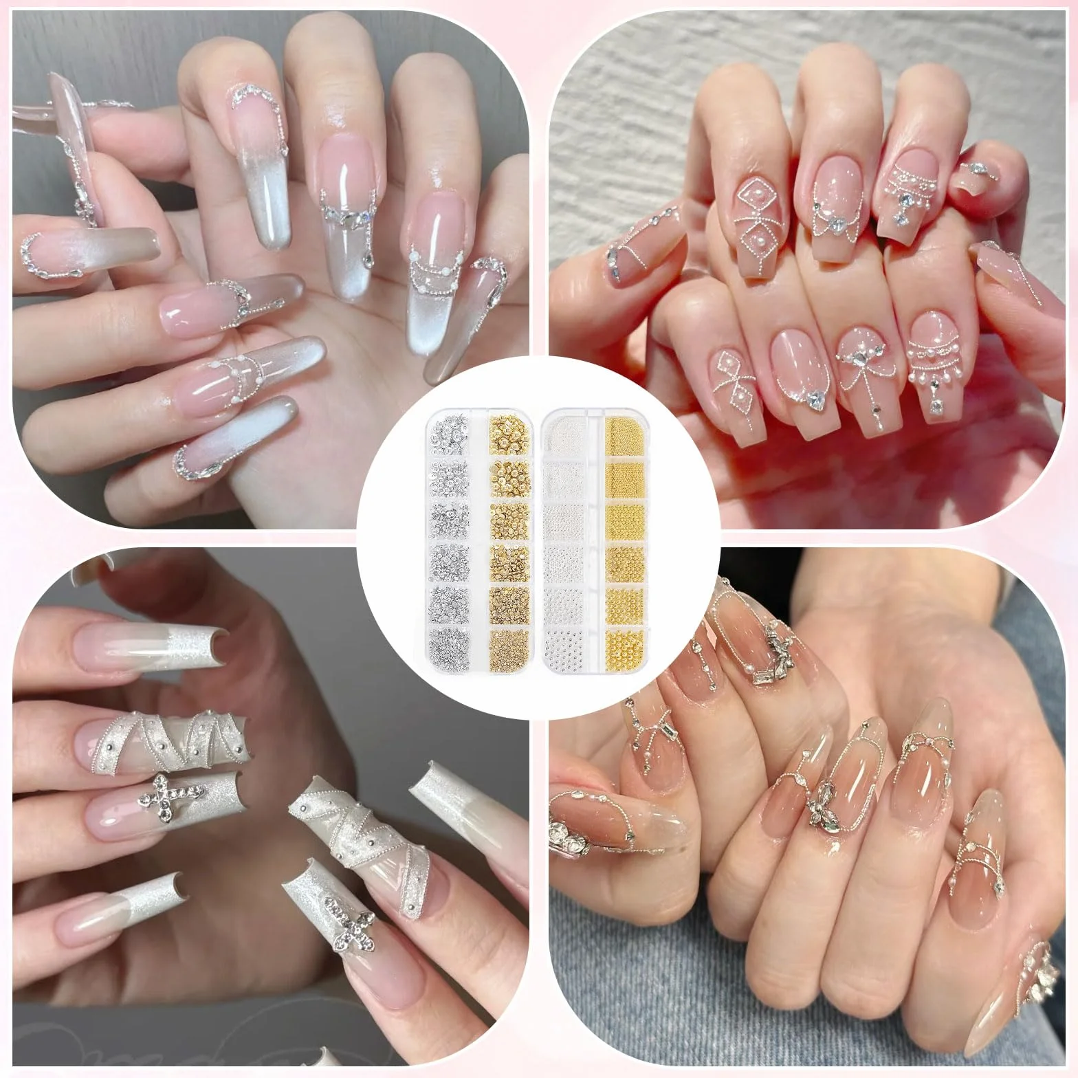 VelvetGlow Flatback koraliki i metalowe koraliki do paznokci, do zdobienia paznokci, małe okrągłe koraliki kawiorowe, akcesoria do paznokci akrylowych, dekoracji manicure (srebrne, złote)