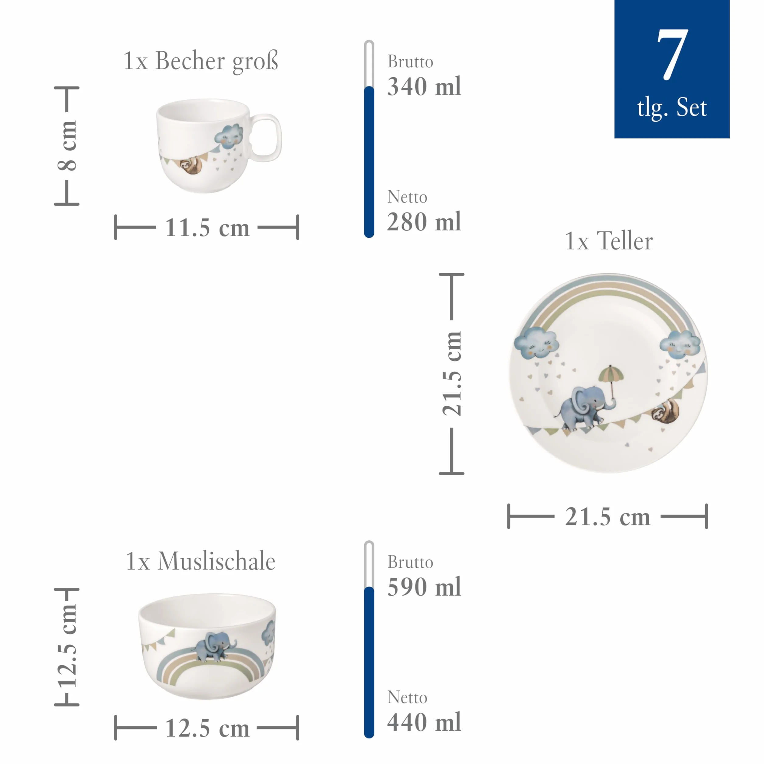Villeroy & Boch - Boho kids "Walk like an elephant" Komplet naczyń dla dzieci 7 szt.,z porcelany i sztućce ze stali nierdzewnej, Nadaje się do kuchenki mikrofalowej i zmywarki, Wielokolorowy