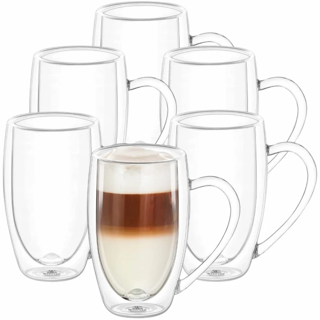 Wilmax szklanki termiczne z podwójnymi ściankami z uchwytem | zestaw 6 szklanek | 500 ml | zestaw szklanek do latte macchiato | szklanki do cappuccino z uchwytem | szklanki do kawy | szklanki do