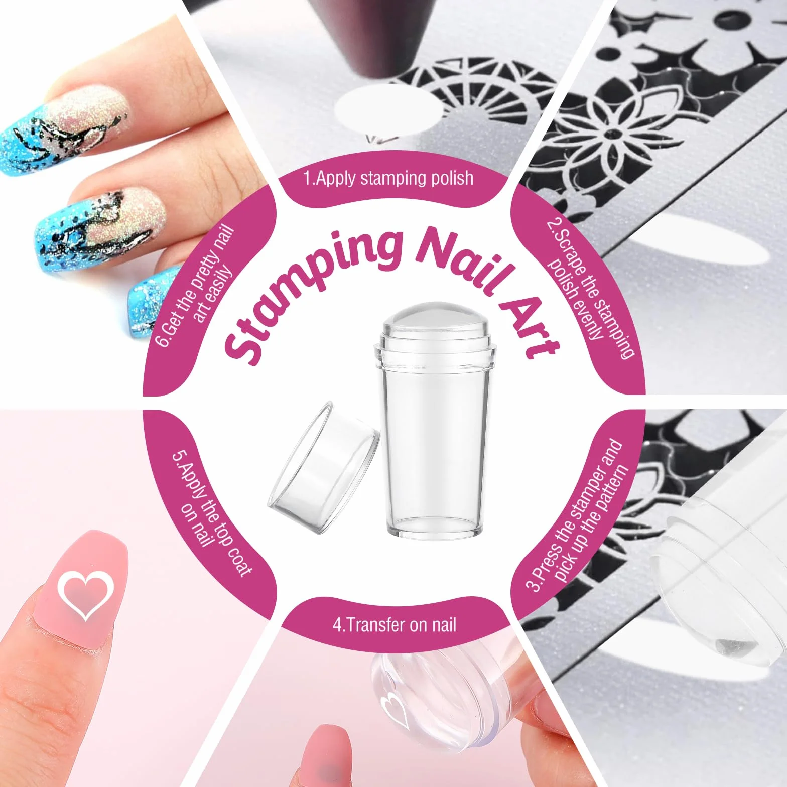5 sztuk zestaw do stemplowania paznokci, przezroczysty stempel do manicure z pędzelkiem do rysowania i ściągaczem do paznokci, silikonowy stempel do paznokci zestaw do manicure DIY do