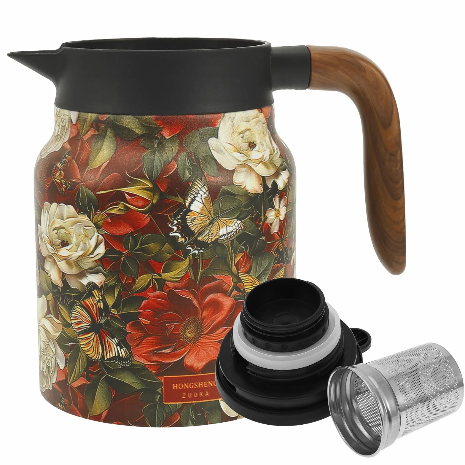 Termos do herbaty, 1000 ml izolowany dzbanek do herbaty ze stali nierdzewnej, kwiatowy wzór vintage, dzbanek do herbaty ze zdejmowanym sitkiem do herbaty, pokrywką i drewnianą rączką, termos do kawy