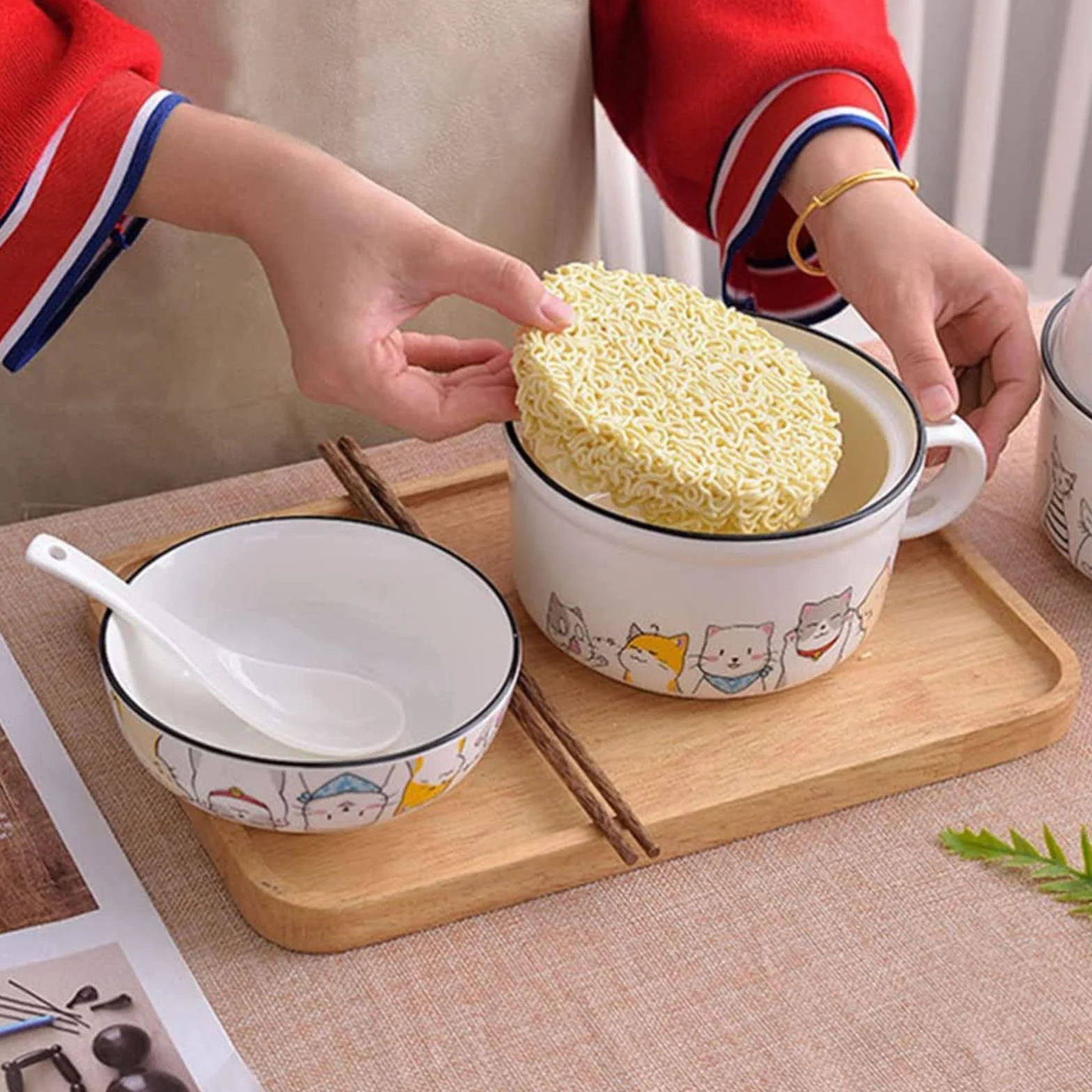 Japońska miska miska miska natychmiastowa miska makaronowa miska ramen miska z pokrywką i łyżką mussile instant makaron miski zupa miska ze stali nierdzewnej miska ryżowa miska kota motyw kota,White