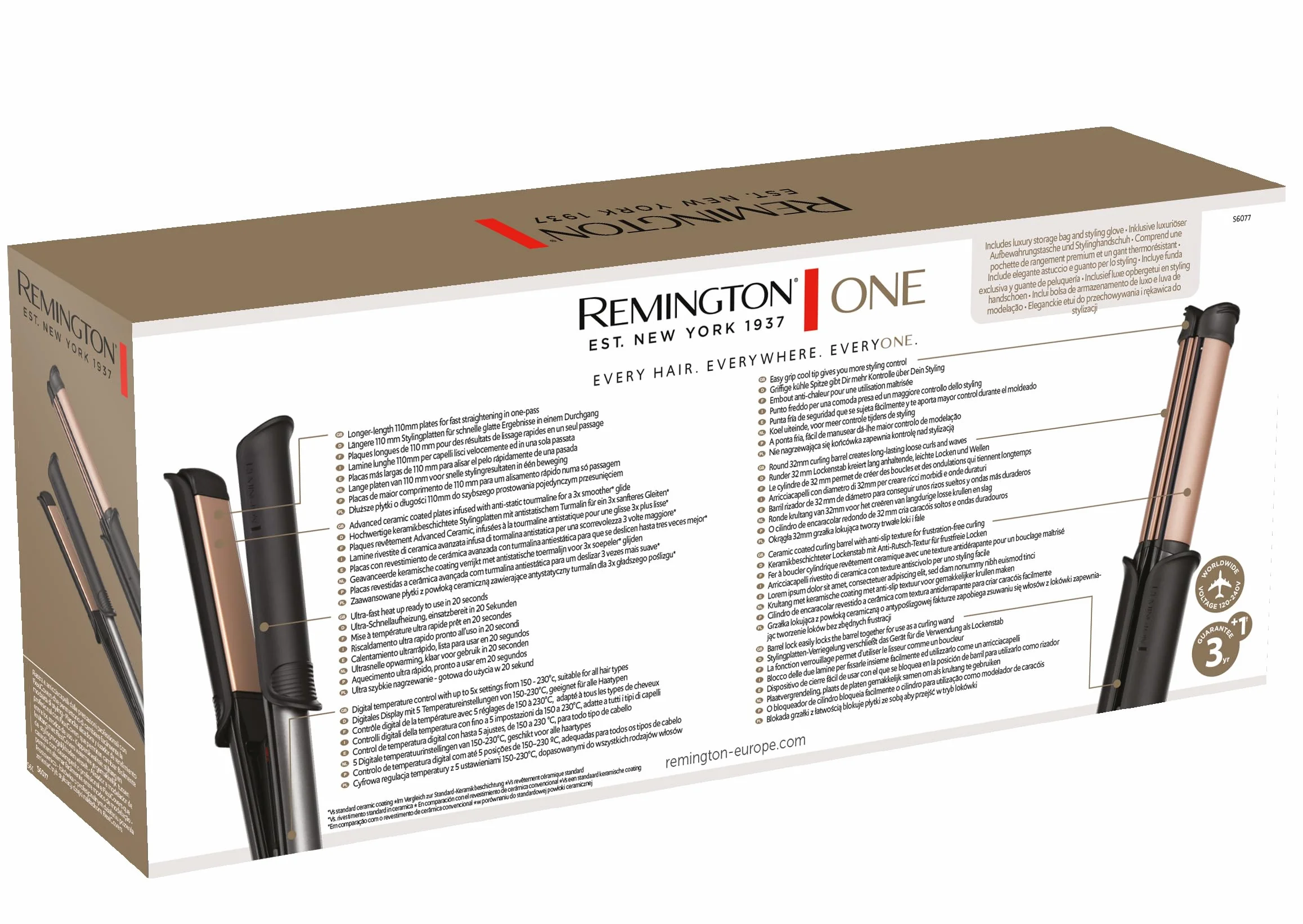 Remington prostownica do włosów i lokówka (2w1), łatwe przełączanie trybu prostowania/kręcenia dzięki nakładką FlexiCovers, temp. 150-230°C, wyświetlacz cyfrowy, ONE Straight & Curl Styler S6077
