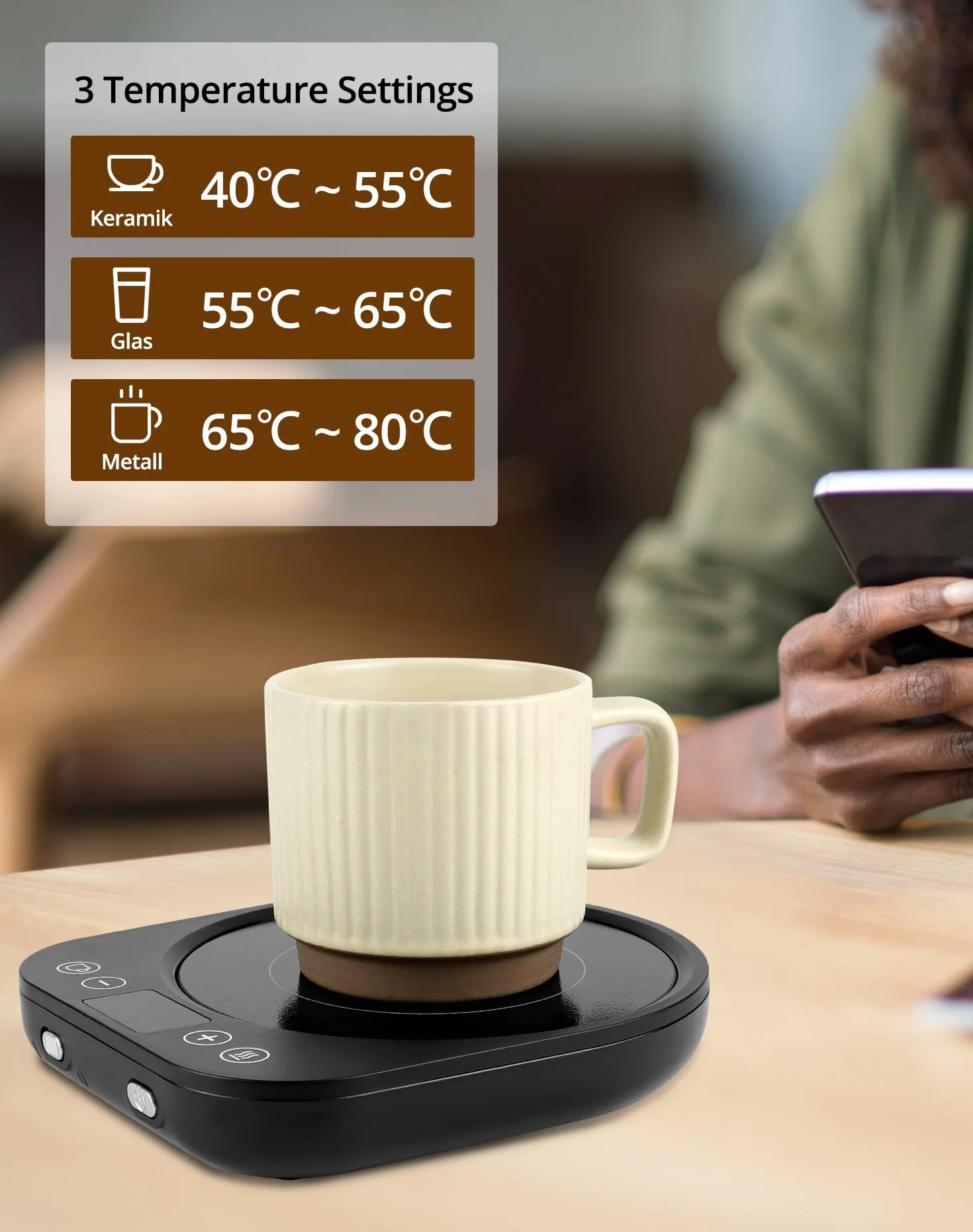 QWORK® Podgrzewacz do kawy z 3 ustawieniami temperatury 40℃-80℃ – automatyczne wyłączanie – inteligentny czujnik grawitacji – nadaje się do szklanych/ceramicznych/metalowych kubków