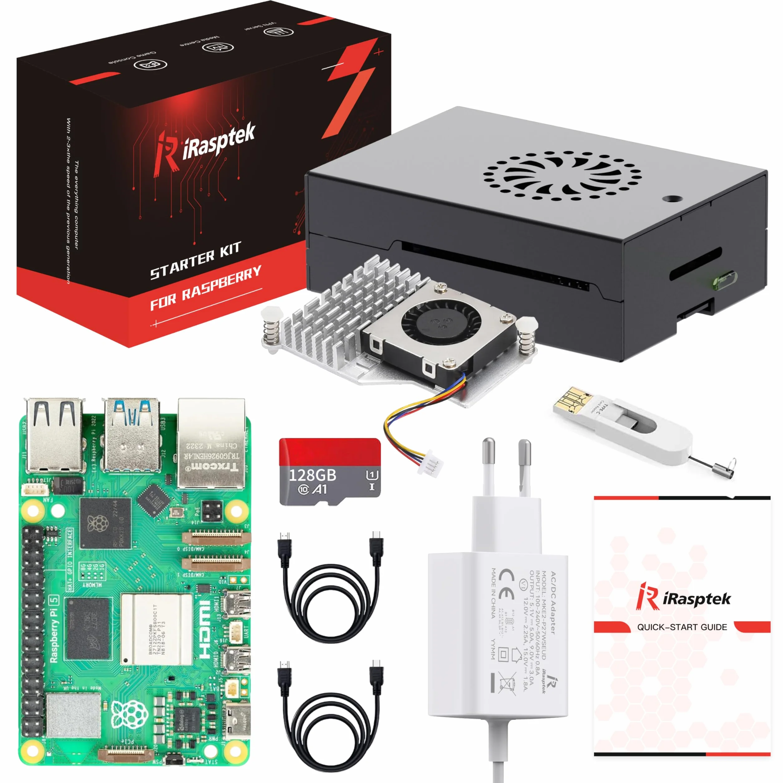 iRasptek Raspberry Pi 5 Zestaw startowy 8 GB RAM - 128 GB, fabrycznie zainstalowany z Raspberry Pi OS (obudowa aluminiowa)