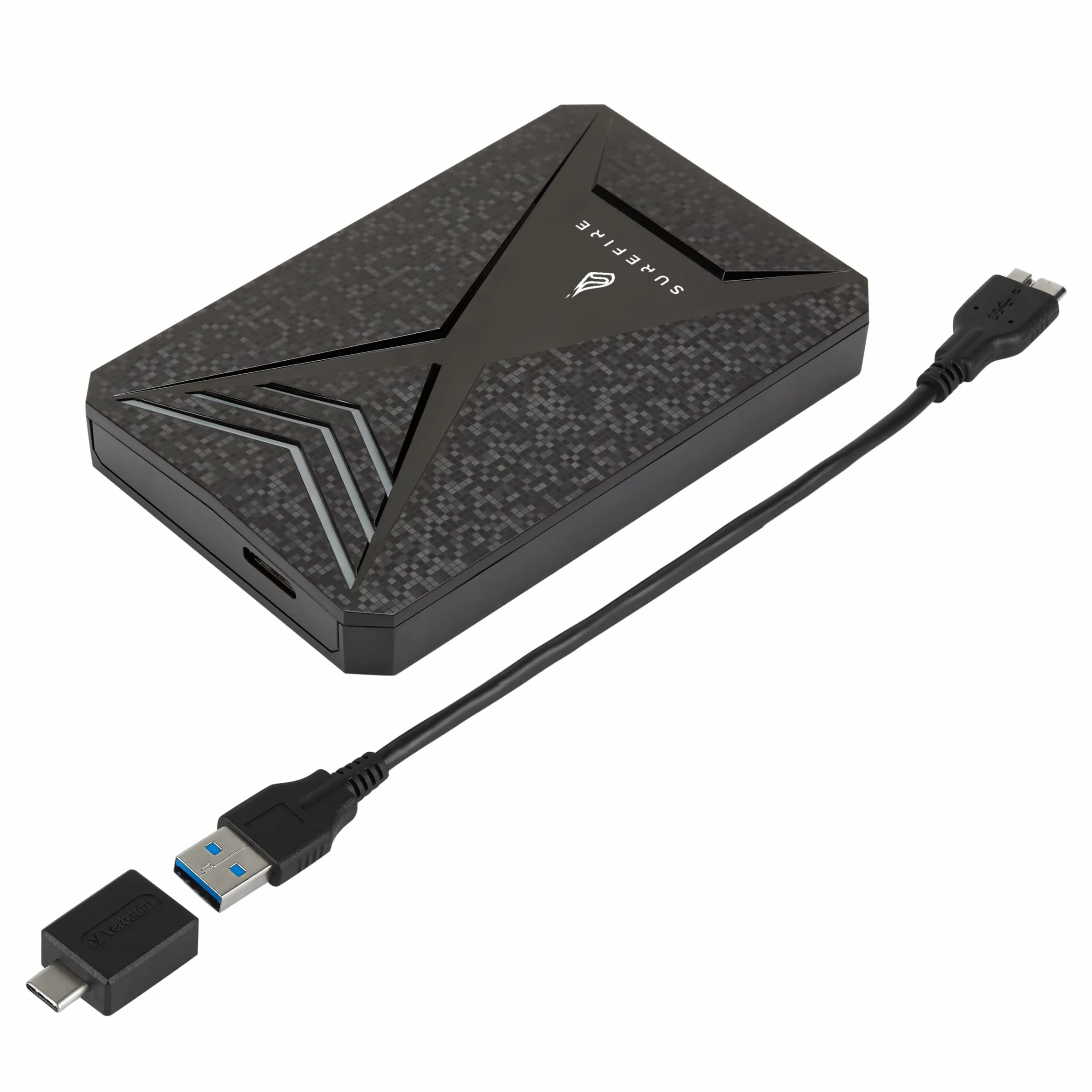 SureFire Gaming Hard Drive 2,5", 1 TB, czarny, zewnętrzny dysk twardy HDD, adapter USB-C, Windows i MacOSx, oświetlenie LED RGB, do 140 MB/s, PC, Playstation i Xbox, Powered by Verbatim