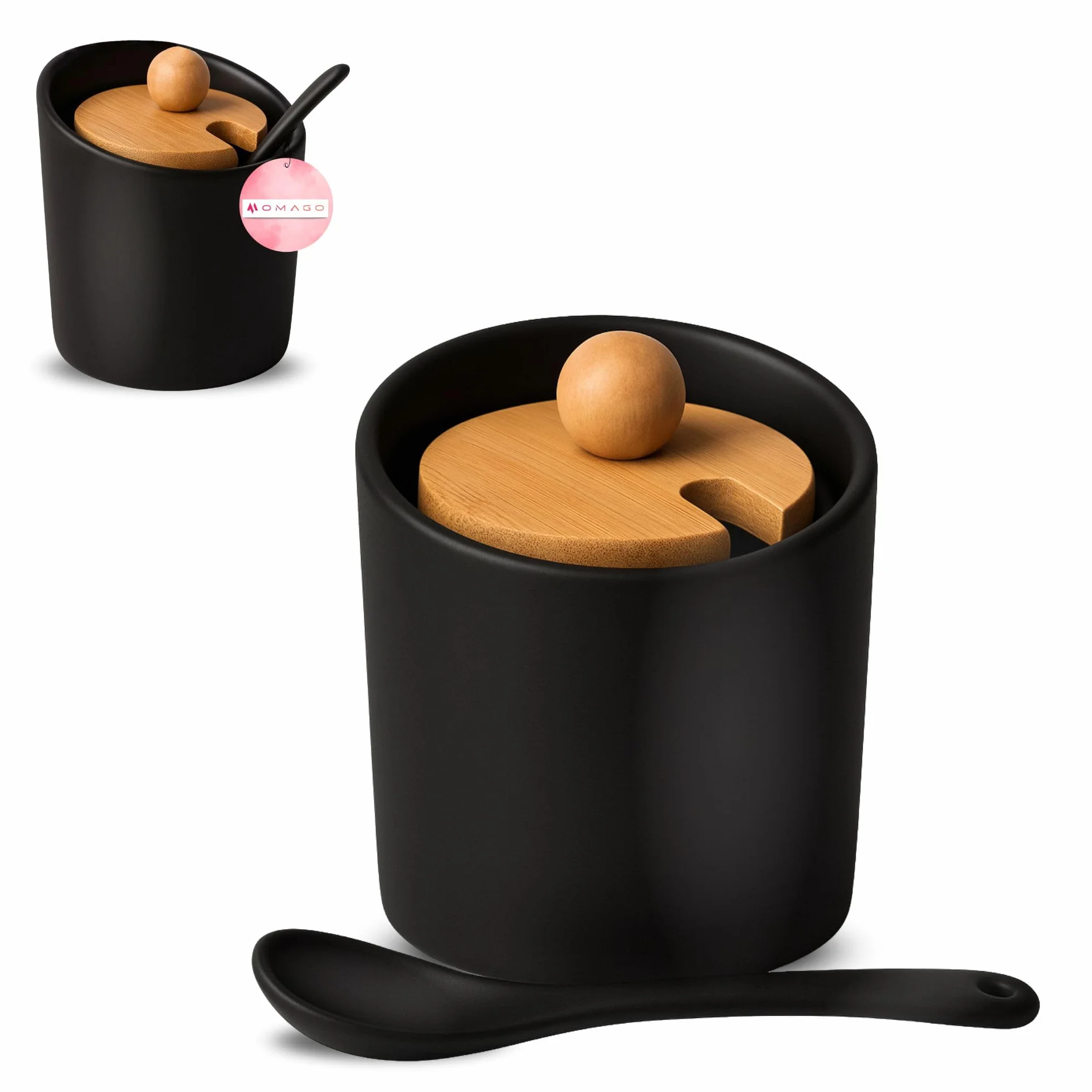 OMAGO® Cukiernica czarna bambus ceramina z łyżeczką