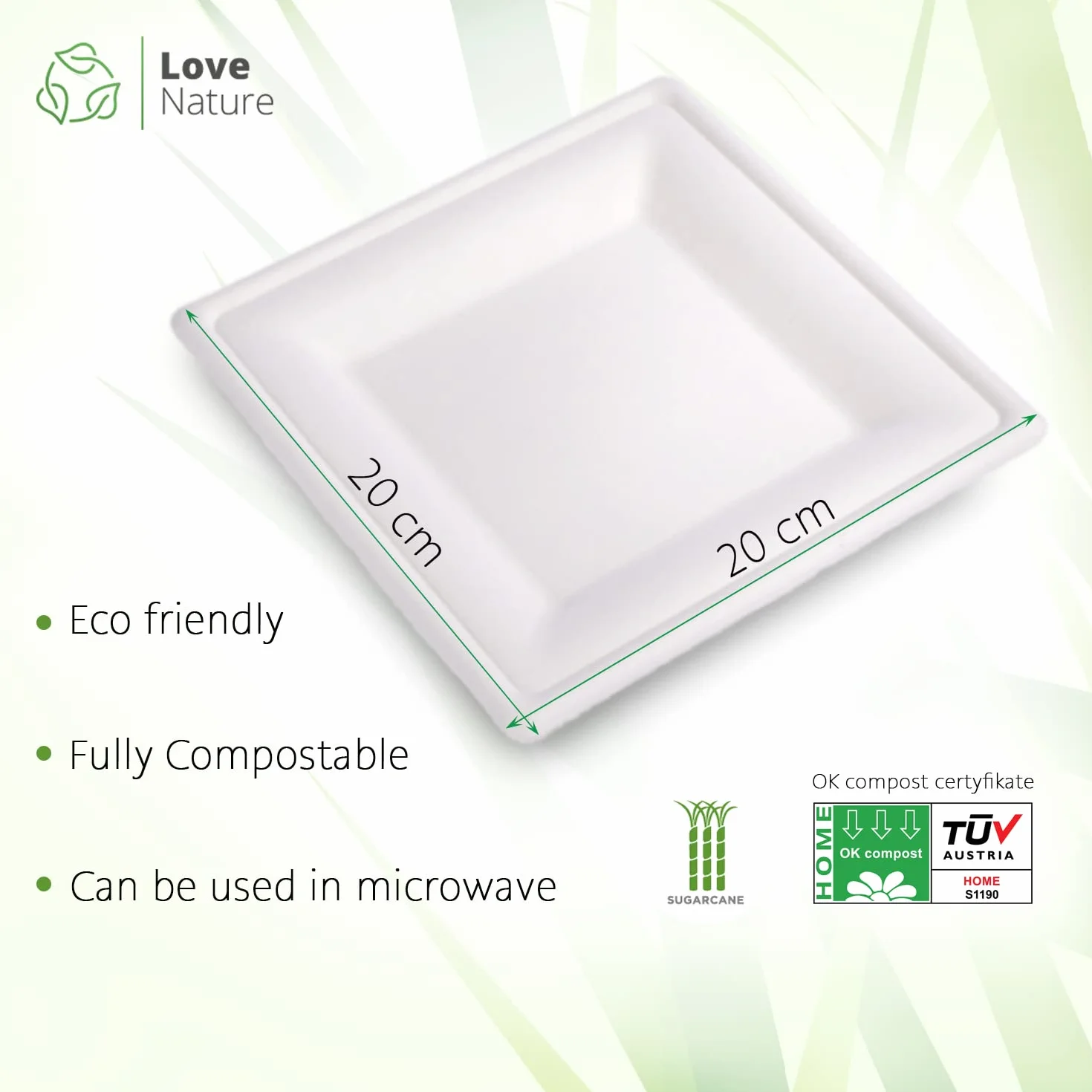 Love Nature Ekologiczny zestaw jednorazowych kwadratowych talerzy 20 cm 50 szt - Naczynia jednorazowe z miąższu trzciny cukrowej - Talerze jednorazowe, biodegradowalne - Jednorazowe talerze imprezowe