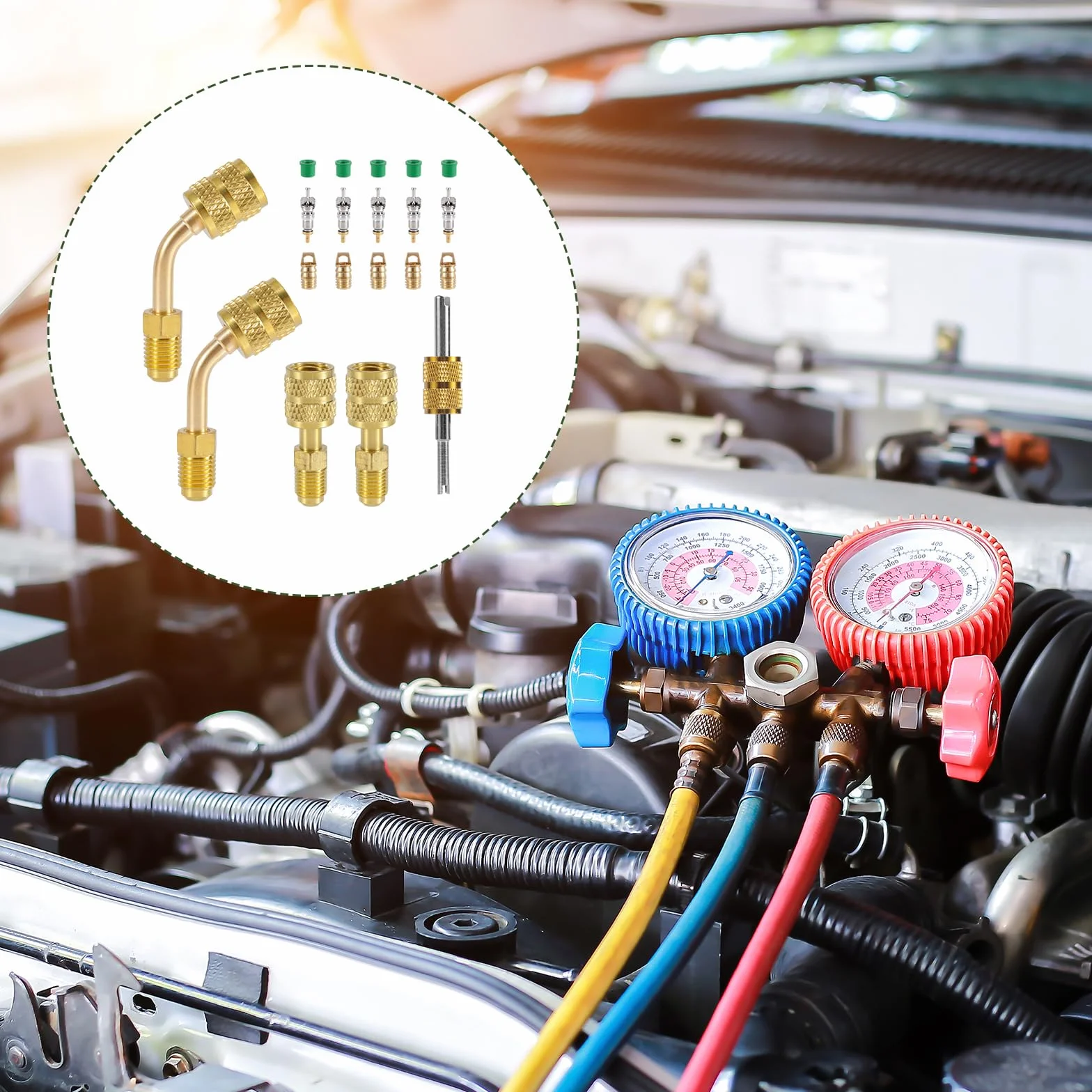 20 szt. Zestaw Adapterów R410A, Adapter R410a Mini Split System Ladowania Portu Prózniowego Adapter 5/16 Zenski 1/4 Meski do Klimatyzacji Chlodnictwa Serwisu HVAC