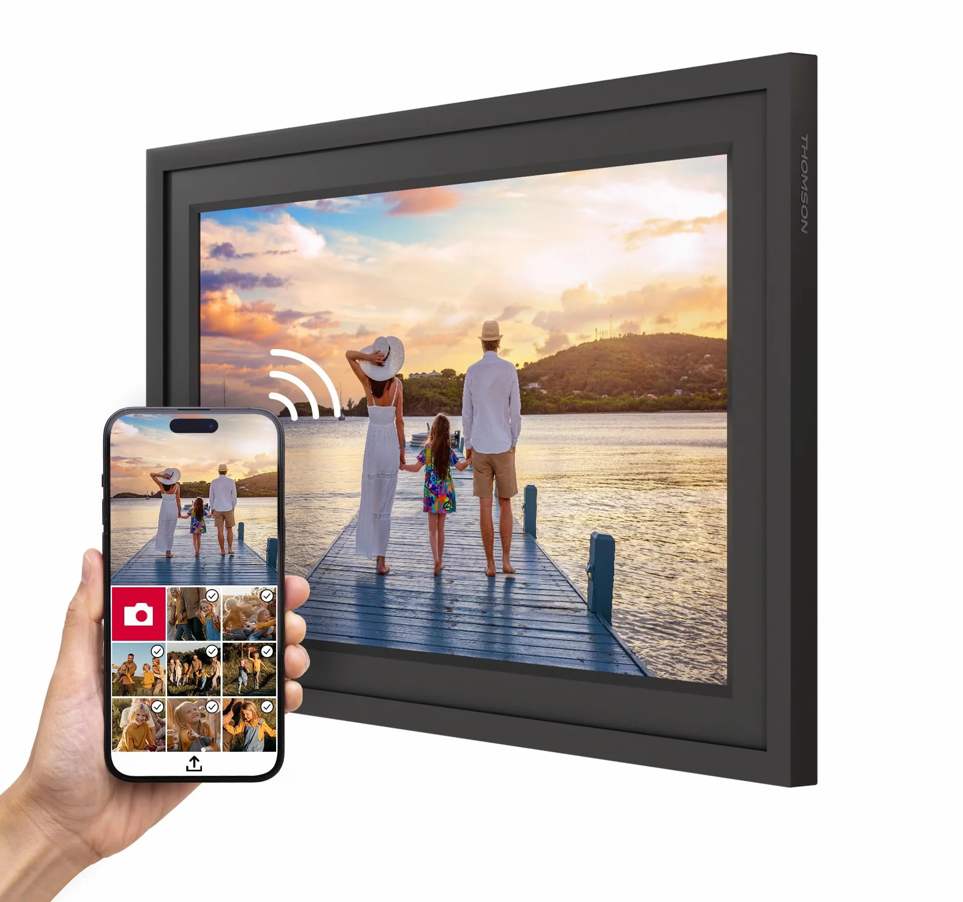 Thomson Cyfrowa Ramka na Zdjęcia 10 Cali, Ekran IPS, Ekran Dotykowy HD, WLAN, Bezpośrednie Udostępnianie przez App, Funkcje Smart, Elektroniczna Ramka na Zdjęcia z Pamięcią 32 GB, Automatyczny Obrót