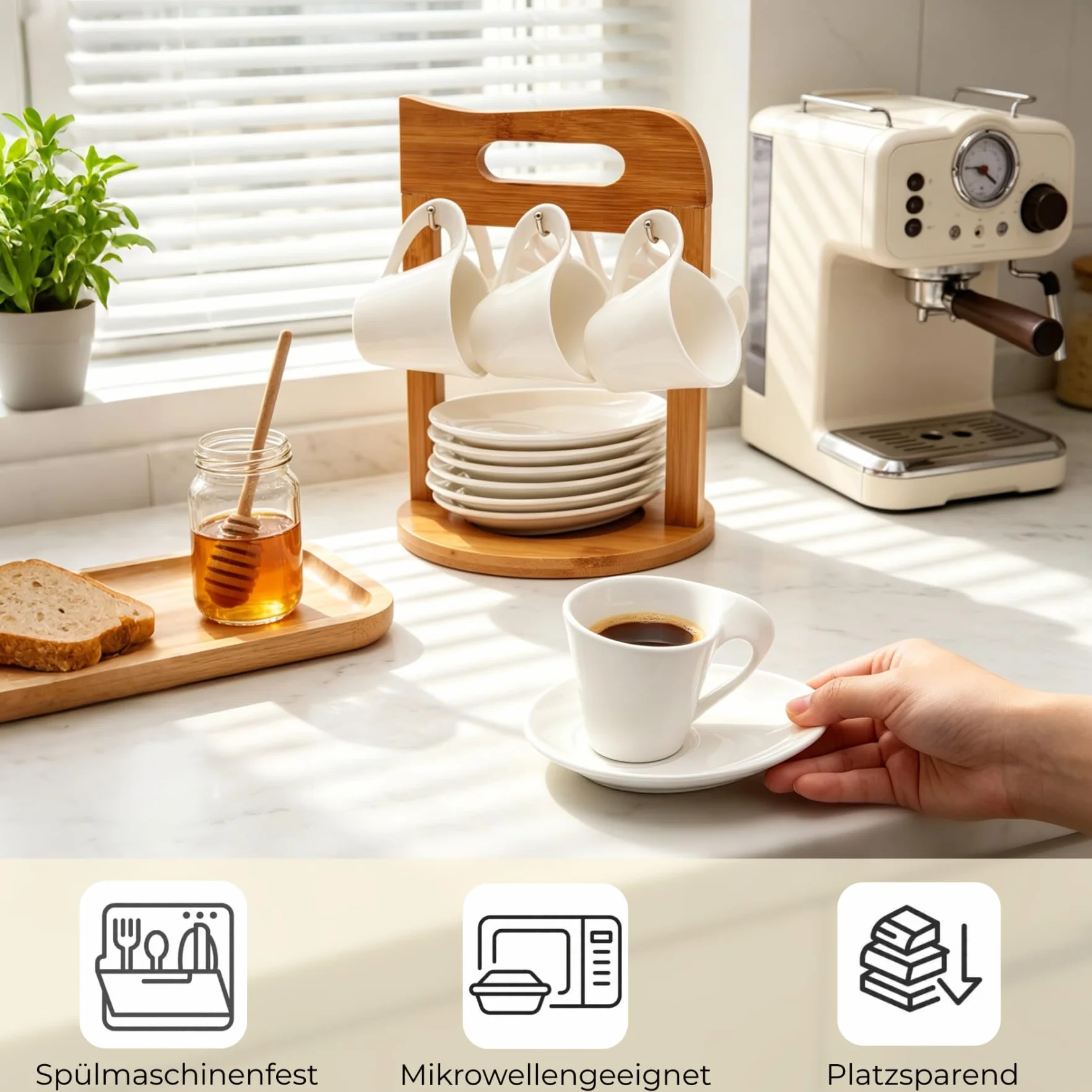 SOPRETY Zestaw 6 filiżanek do kawy ze spodkami z bambusa porcelanowe 100 ml