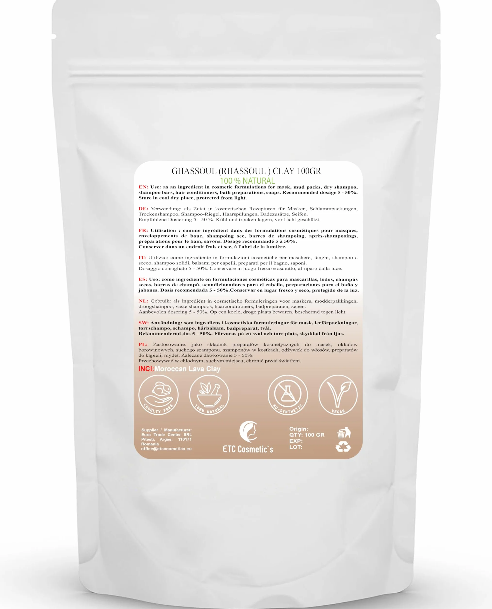 Ghassoul (odcień rassoul) 100 g - naturalny lawaton, który jest stosowany do pielęgnacji skóry i włosów do czyszczenia, peelingu i odmładzania Bardzo delikatny i uspokajający.