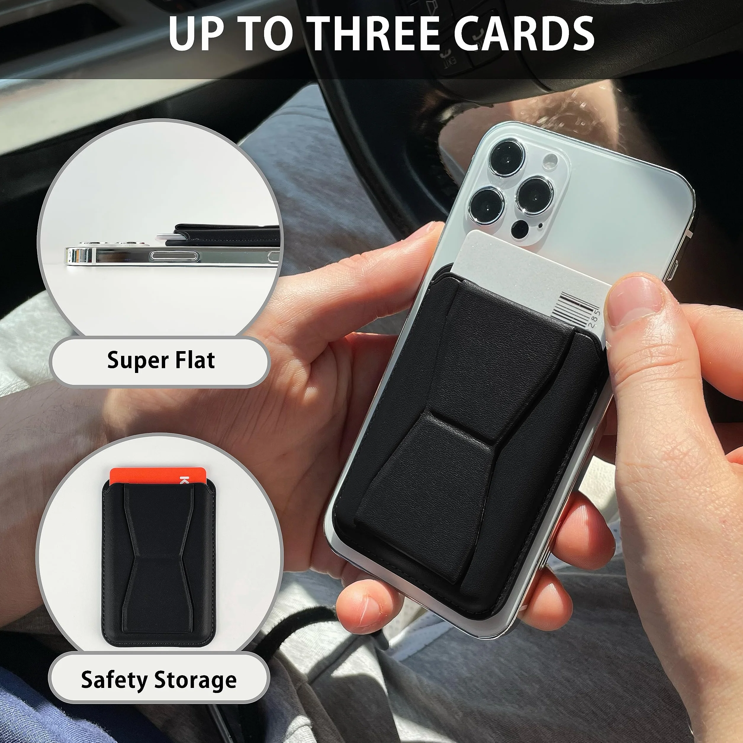 MyGadget Magnetyczny portfel Magsafe, z przegródką na kartę i podstawką, wykonany ze sztucznej skóry, kompatybilny z Apple iPhone 14, 13, seria 12, czarny, Czarny, Magsafe Wallet, Minimalistyczny