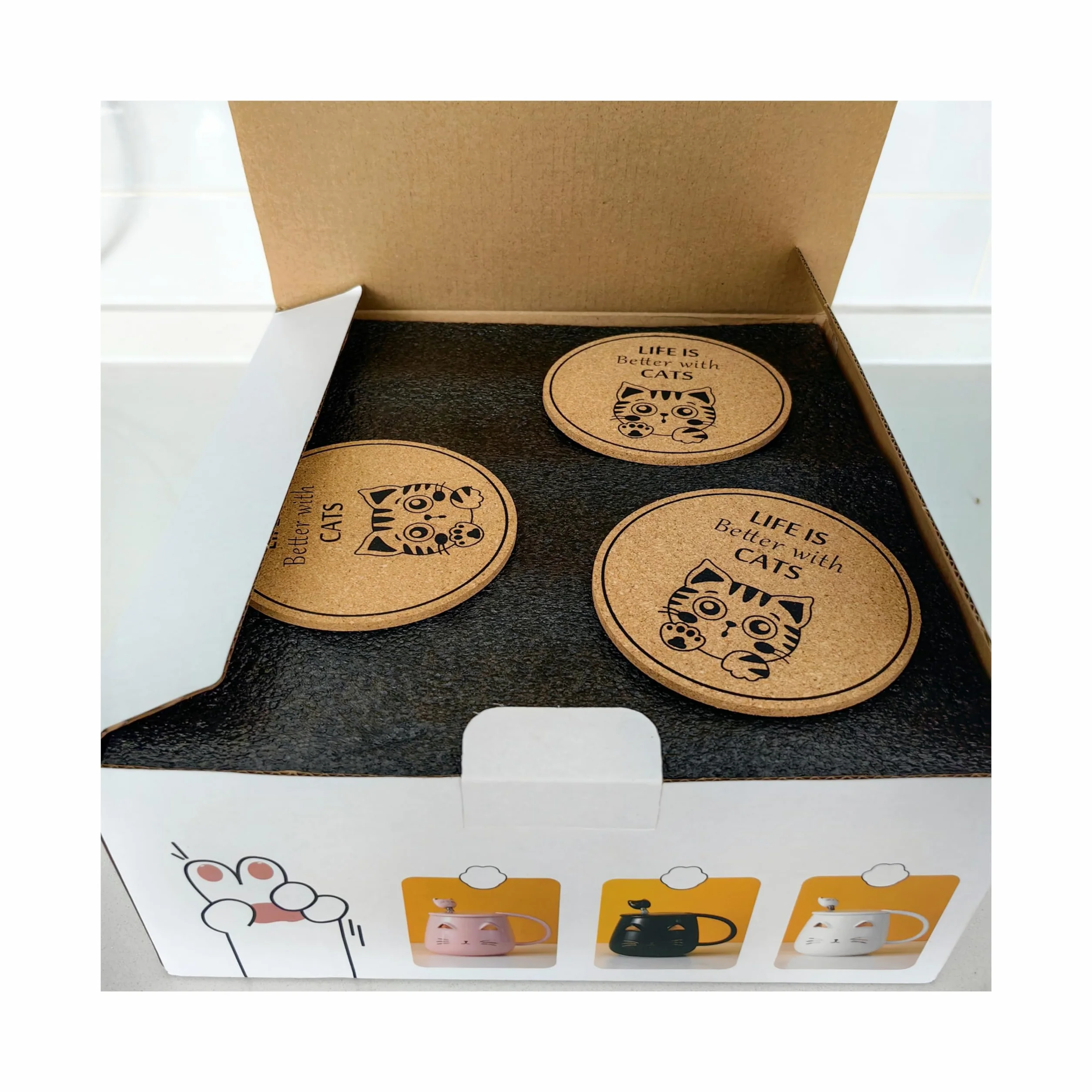 Zestaw 3 uroczych ceramicznych kubków z kotami z pokrywką, łyżką i podstawką - 380ml/13oz kubek do kawy dla kobiet, dzieci, miłośników kotów - prezent na Boże Narodzenie i urodziny (czarny, biały