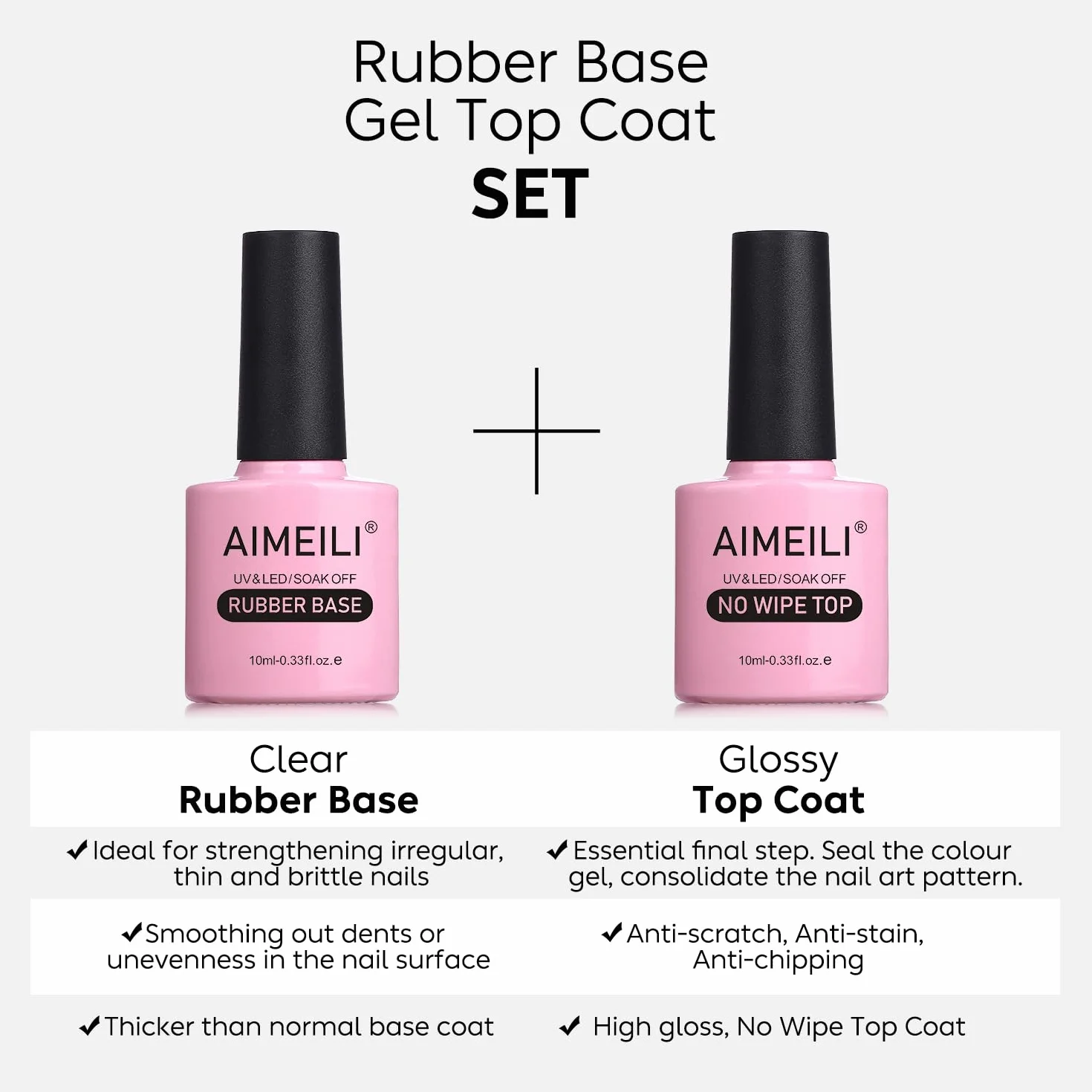 AIMEILI Top Coat No Wipe i 5 w 1 gumowy żel bazowy do paznokci, 2 x 10 ml