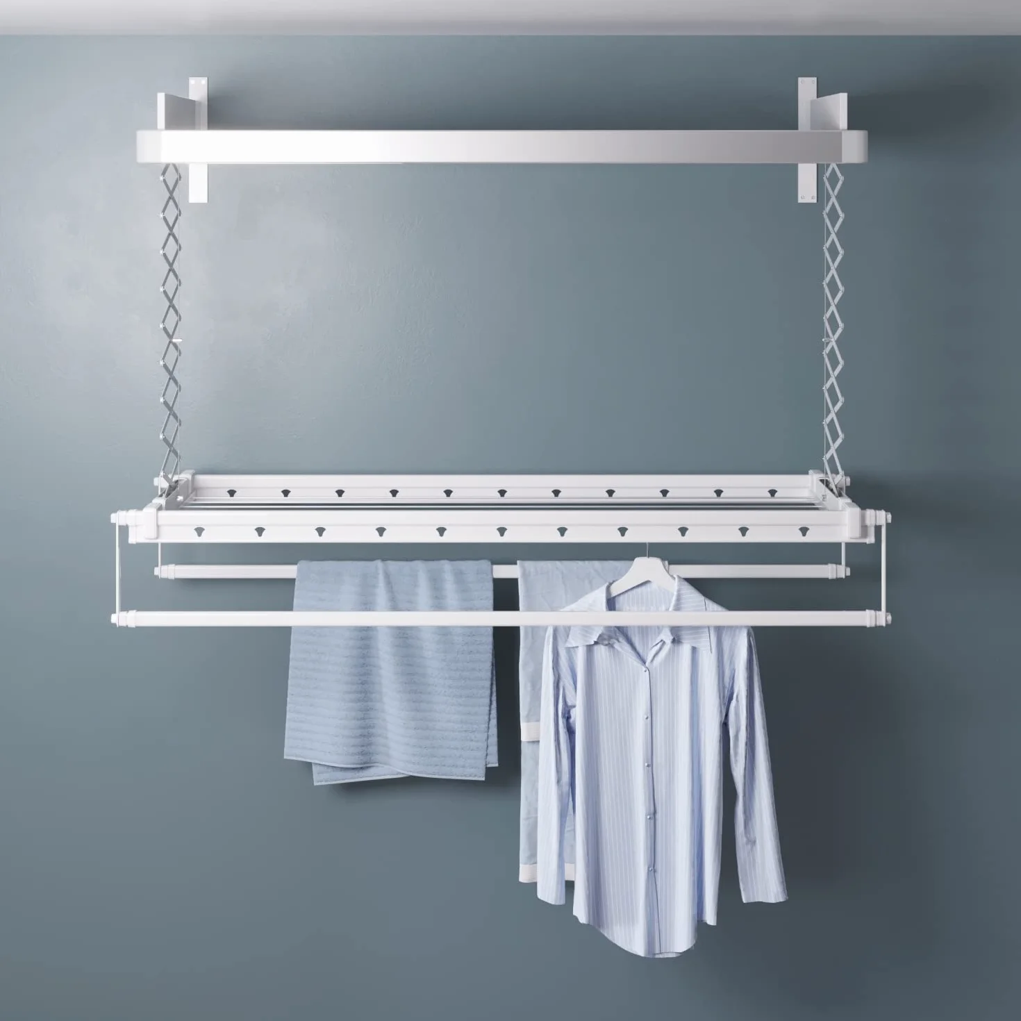 foxydry Pro suszarka sufitowa podgrzewana na pranie, aluminiowa i stalowa suszarka do bielizny z gorącą wentylacją (ze ściany, 160 cm)