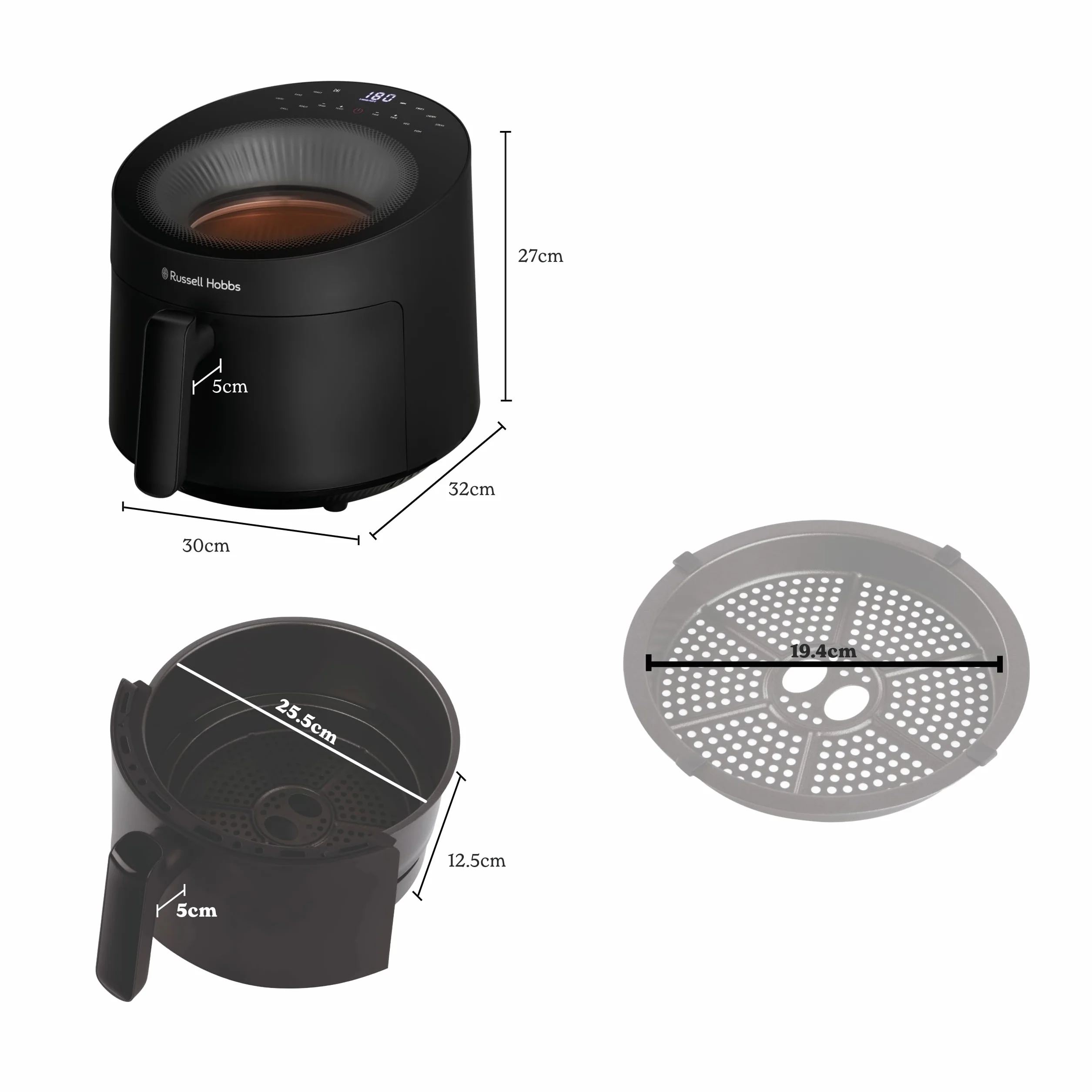 Russell Hobbs Frytkownica beztłuszczowa 5L [10 programów | z okienkiem] Air Fryer (frytkownica bez oleju, grillowanie, pieczenie, max. 200°C, można myć w zmywarce) SatisFry Panoramic Czarny 27420-56