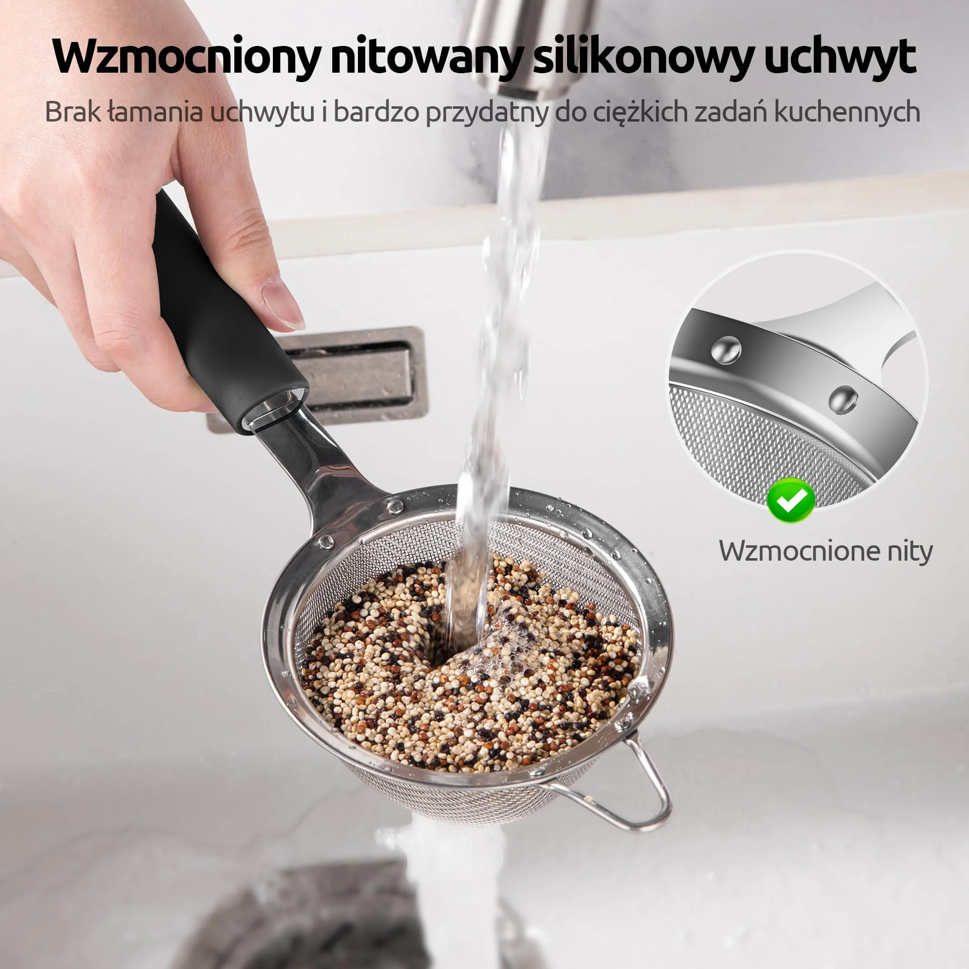U-Taste Sitko o drobnych oczkach: Małe sitko kuchenne ze stali nierdzewnej 18/8 z nitowanym, wytrzymałym silikonowym uchwytem do przesiewania mąki, herbaty, ryżu Quinoa (8,5 cm, Czarny)