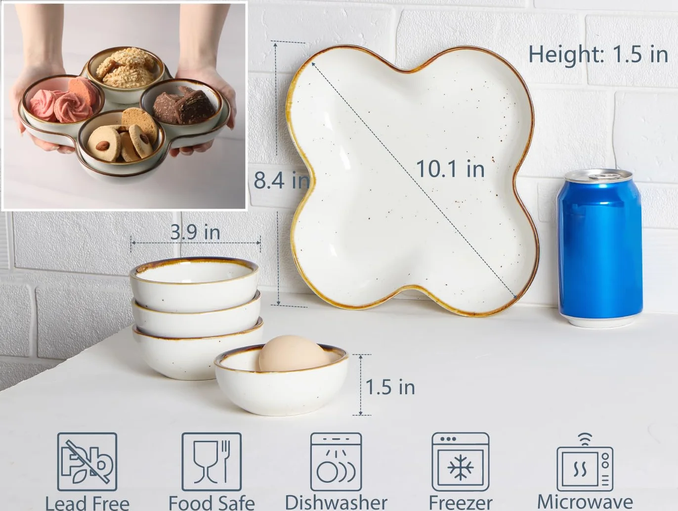 ONEMORE Zestaw do serwowania frytek i dipów, cętkowany, ceramiczny podzielony talerz 21,5 cm, mała taca z 4 wyjmowanymi naczyniami na przystawki