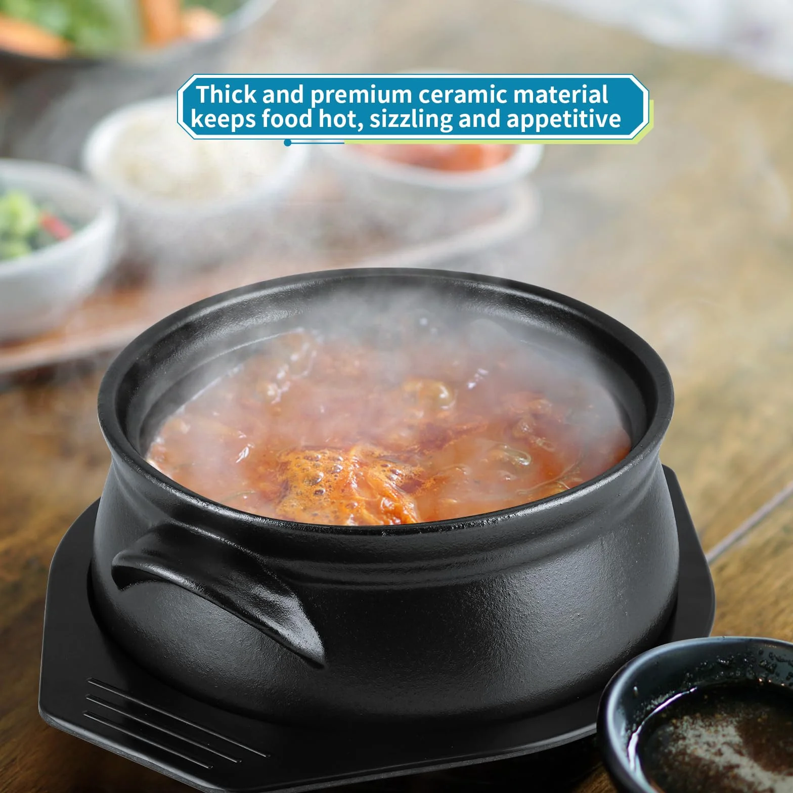 Skelang Koreańska miska Bibimbap, miski ceramiczne, miska na owoce morza z pokrywką i tacą, do gotowania makaronu, zupy, ryżu, pojemność 1,6 l (matowa czerń)