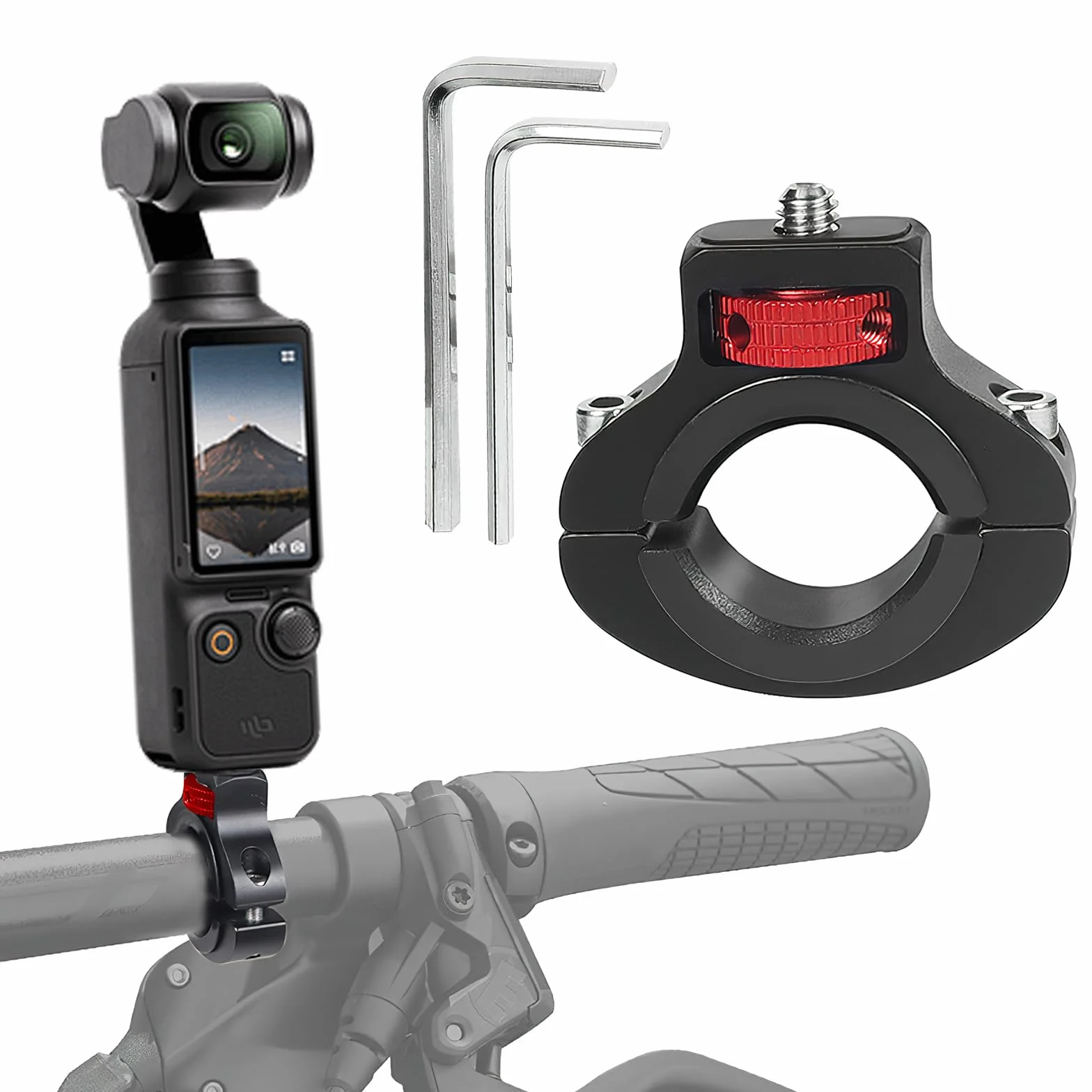 TNSLAND Uchwyt rowerowy, uchwyt na kierownicę rowerową, obracany o 360°, uchwyt na kamerę sportową, uchwyt rowerowy na kierownicę 1/4 cala, zacisk śrubowy do kamery sportowej (czarno-czerwony