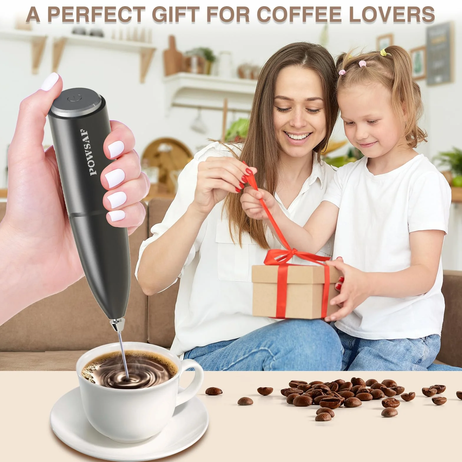 POWSAF Ręczny spieniacz do mleka ze stojakiem, ręczny spieniacz do kawy, elektryczny mikser do napojów, mini spieniacz do cappuccino, frappe, matcha, gorącej czekolady, srebrny/czarny