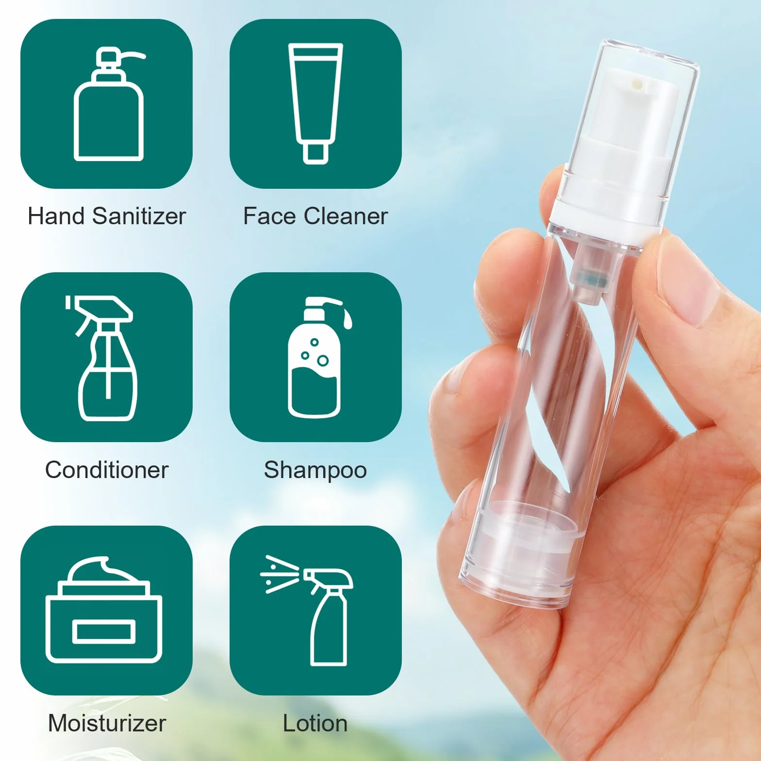 Andibro Airless dozownik z pompką, 12 sztuk, 5 ml, 10 ml, 15 ml, mały, pusty dozownik kremu, pusta, bezpowietrzna, przenośny dozownik kremu do podróży, użytku w domu