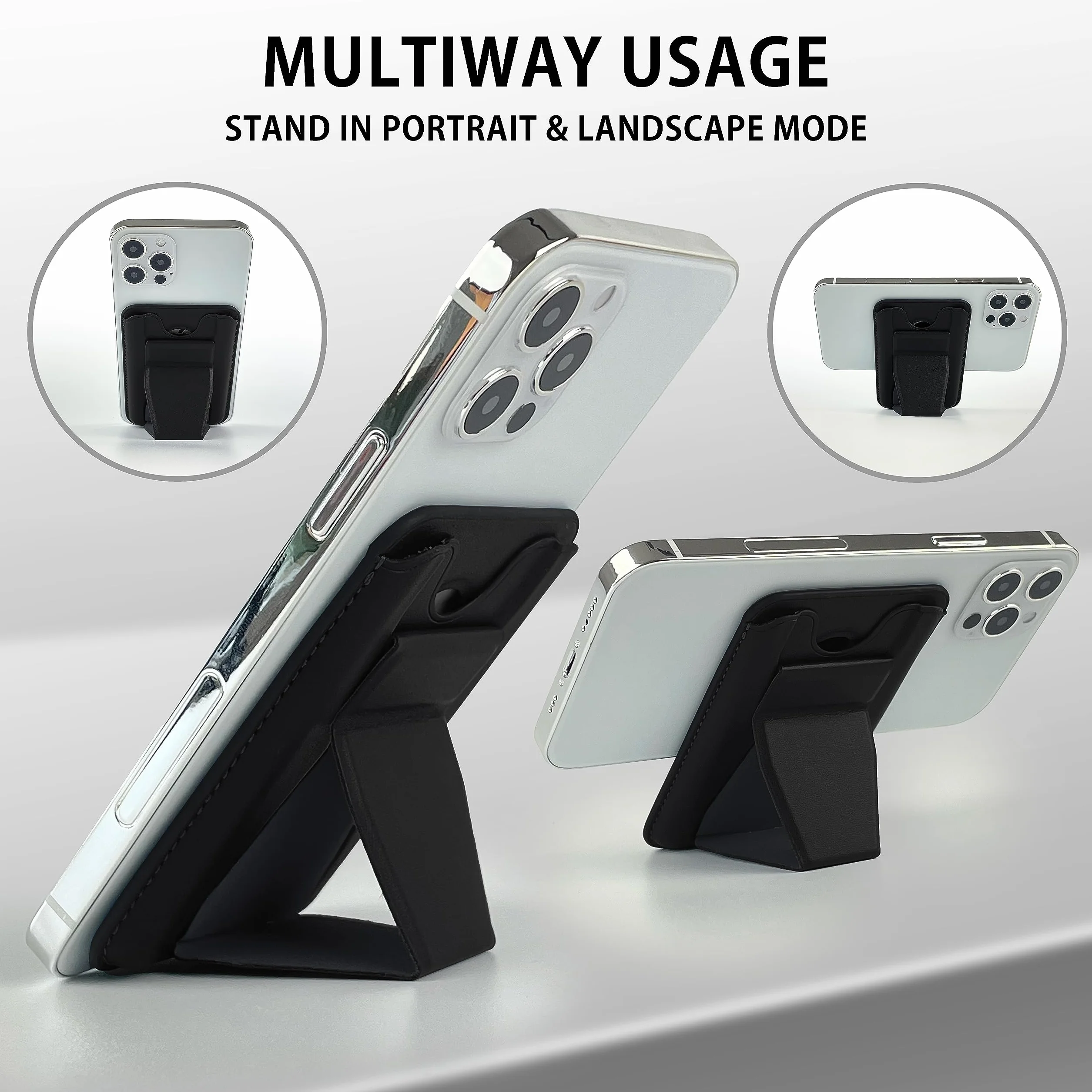 MyGadget Magnetyczny portfel Magsafe, z przegródką na kartę i podstawką, wykonany ze sztucznej skóry, kompatybilny z Apple iPhone 14, 13, seria 12, czarny, Czarny, Magsafe Wallet, Minimalistyczny