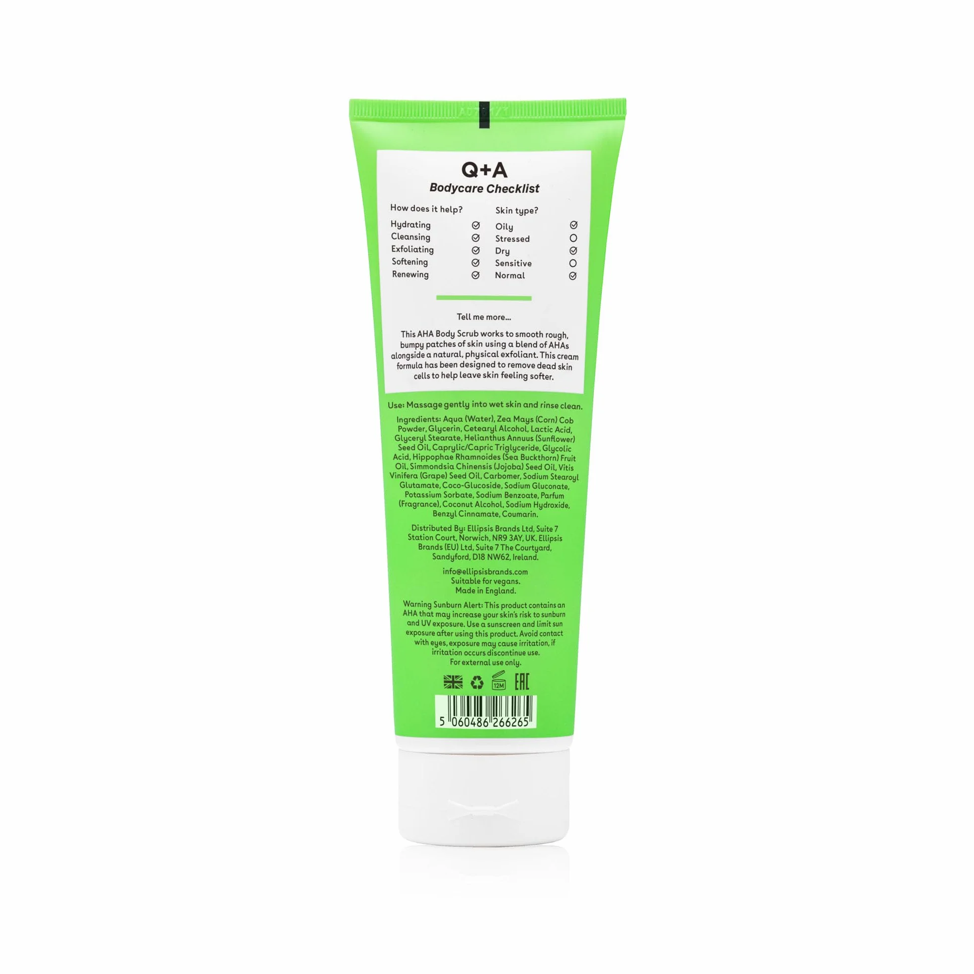 Q+A Peeling AHA do Ciała - Odnowa Skóry. Mieszanka kwasów AHA: kwasu mlekowego i glikolowego w połączeniu z eksfoliantami poprawia teksturę skóry i promuje jej miękkość i elastyczność, 250ml.