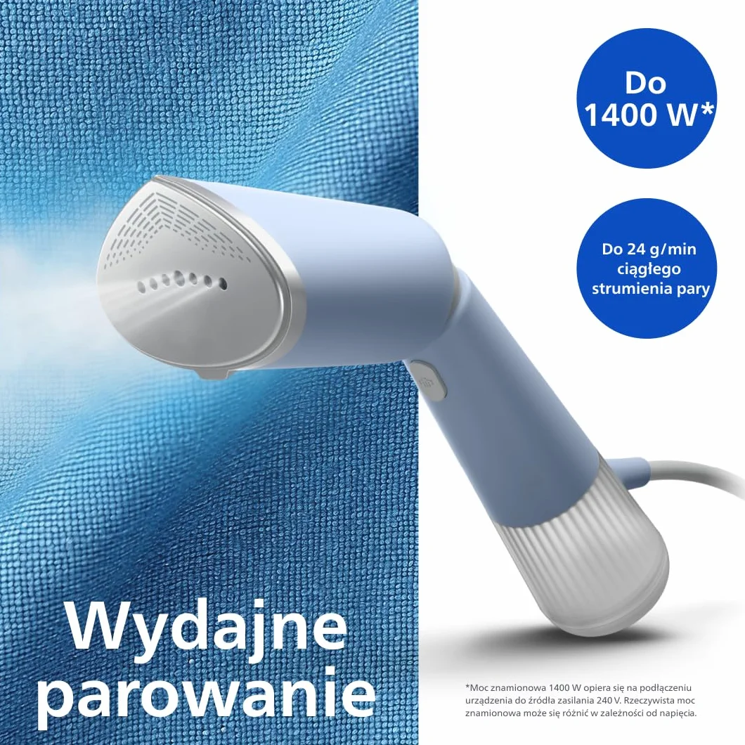 Philips parownica ręczna z serii 5000 - gotowa do pracy w 35 sekund, aktywnie podgrzewana płyta parowa, Eco/Max, delikatna dla delikatnych tkanin, parowanie w pionie i poziomie, niebieski (STH5020/20)